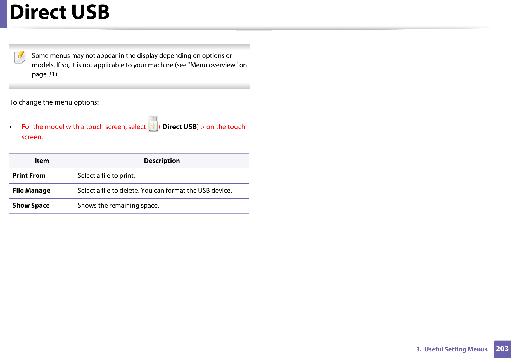 2033.  Useful Setting MenusDirect USB Some menus may not appear in the display depending on options or models. If so, it is not applicable to your machine (see &quot;Menu overview&quot; on page 31). To change the menu options:•For the model with a touch screen, select  ( Direct USB) &gt; on the touch screen.Item DescriptionPrint From Select a file to print.File Manage Select a file to delete. You can format the USB device.Show Space Shows the remaining space.