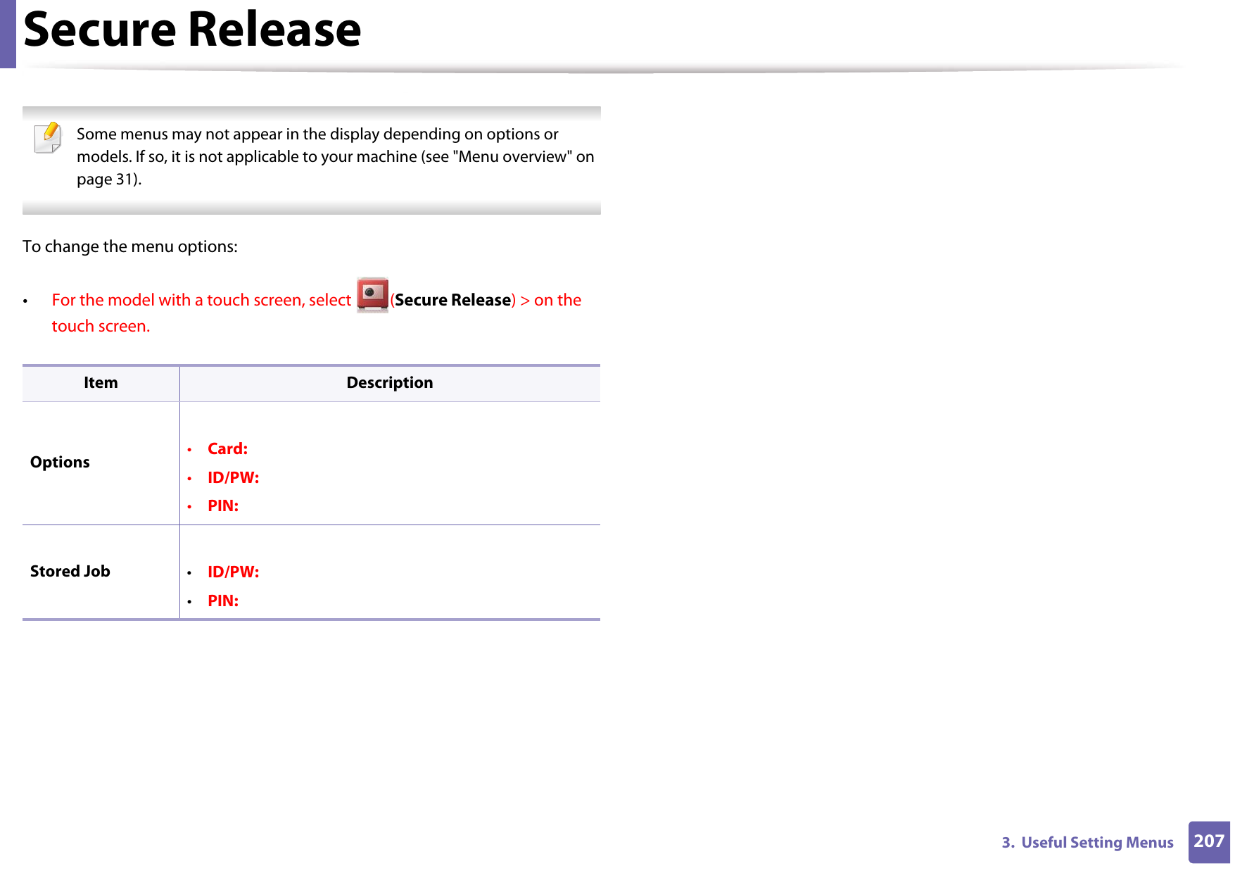 2073.  Useful Setting MenusSecure Release Some menus may not appear in the display depending on options or models. If so, it is not applicable to your machine (see &quot;Menu overview&quot; on page 31). To change the menu options:•For the model with a touch screen, select  (Secure Release) &gt; on the touch screen.Item DescriptionOptions •Card: •ID/PW:  •PIN: Stored Job •ID/PW:  •PIN: 