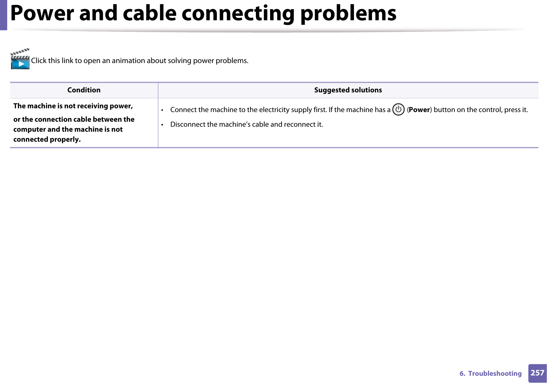 2576.  TroubleshootingPower and cable connecting problems Click this link to open an animation about solving power problems.  Condition Suggested solutionsThe machine is not receiving power, or the connection cable between the computer and the machine is not connected properly.• Connect the machine to the electricity supply first. If the machine has a   (Power) button on the control, press it. • Disconnect the machine’s cable and reconnect it.