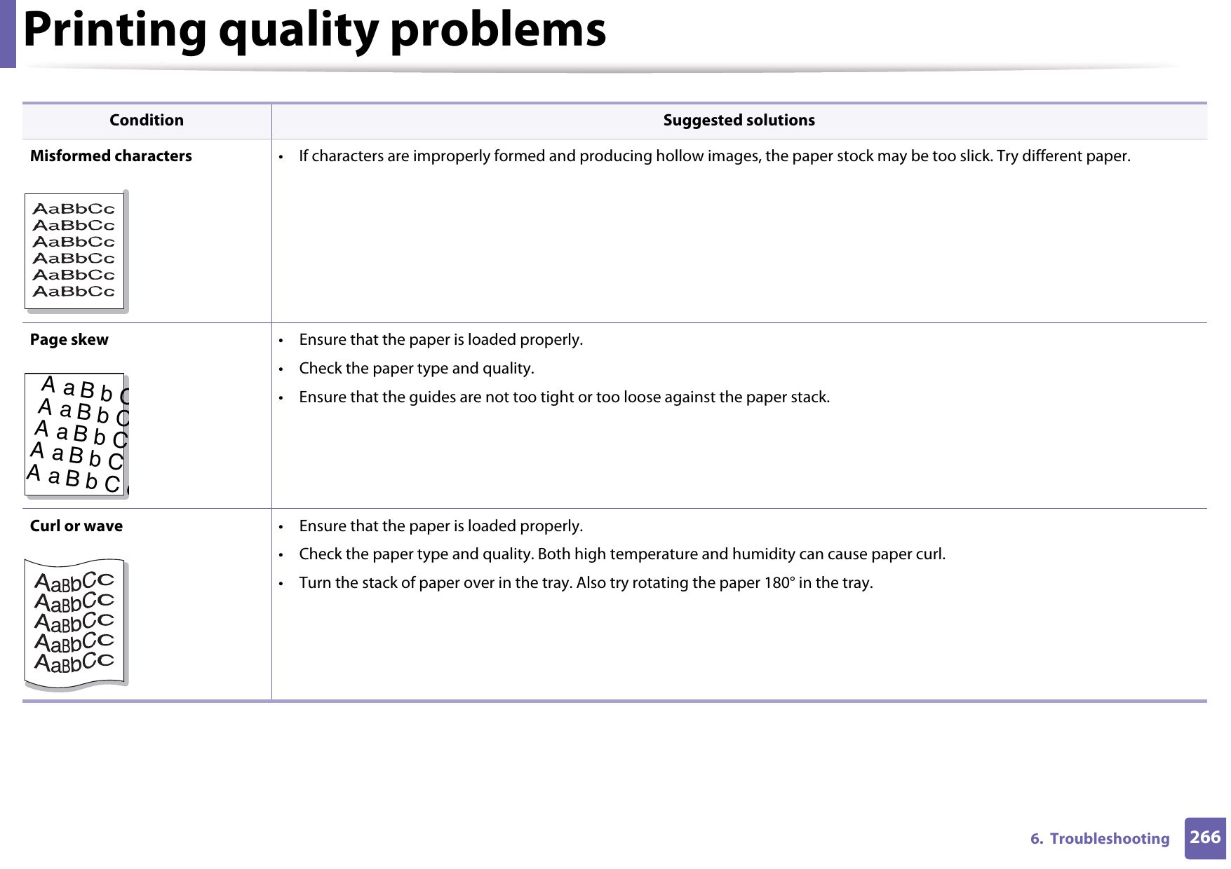 Printing quality problems2666.  TroubleshootingMisformed characters • If characters are improperly formed and producing hollow images, the paper stock may be too slick. Try different paper.Page skew • Ensure that the paper is loaded properly.• Check the paper type and quality.• Ensure that the guides are not too tight or too loose against the paper stack.Curl or wave • Ensure that the paper is loaded properly.• Check the paper type and quality. Both high temperature and humidity can cause paper curl.• Turn the stack of paper over in the tray. Also try rotating the paper 180° in the tray.Condition Suggested solutionsAaBbCAaBbCAaBbCAaBbCAaBbCc