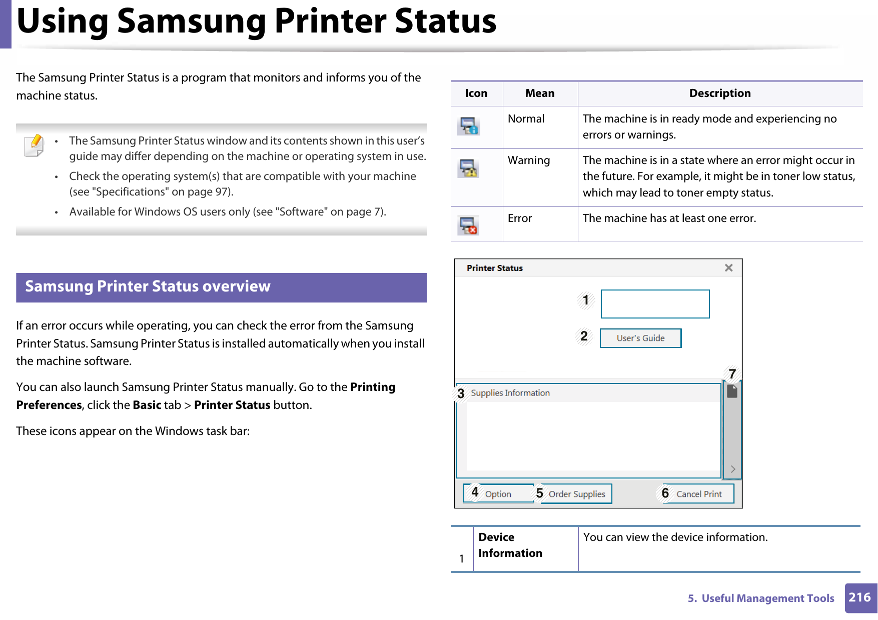 2165.  Useful Management ToolsUsing Samsung Printer Status The Samsung Printer Status is a program that monitors and informs you of the machine status. • The Samsung Printer Status window and its contents shown in this user’s guide may differ depending on the machine or operating system in use.• Check the operating system(s) that are compatible with your machine (see &quot;Specifications&quot; on page 97).• Available for Windows OS users only (see &quot;Software&quot; on page 7). 7 Samsung Printer Status overviewIf an error occurs while operating, you can check the error from the Samsung Printer Status. Samsung Printer Status is installed automatically when you install the machine software.You can also launch Samsung Printer Status manually. Go to the Printing Preferences, click the Basic tab &gt; Printer Status button.These icons appear on the Windows task bar:Icon Mean DescriptionNormal The machine is in ready mode and experiencing no errors or warnings.Warning The machine is in a state where an error might occur in the future. For example, it might be in toner low status, which may lead to toner empty status.Error The machine has at least one error.1Device InformationYou can view the device information.1327456
