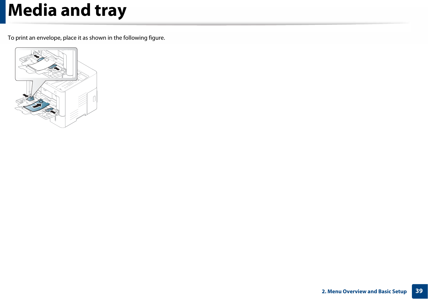Media and tray392. Menu Overview and Basic SetupTo print an envelope, place it as shown in the following figure.