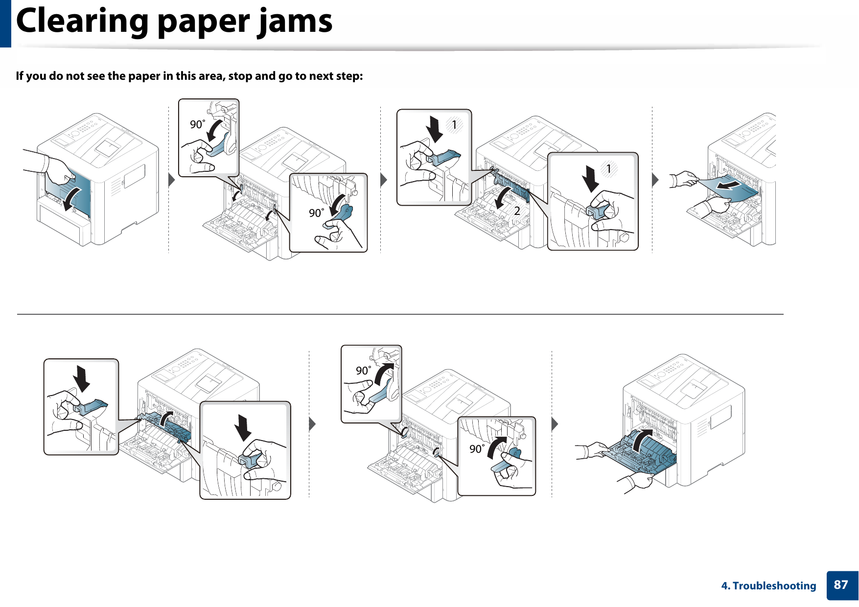 Clearing paper jams874. TroubleshootingIf you do not see the paper in this area, stop and go to next step:11290˚90˚90˚90˚