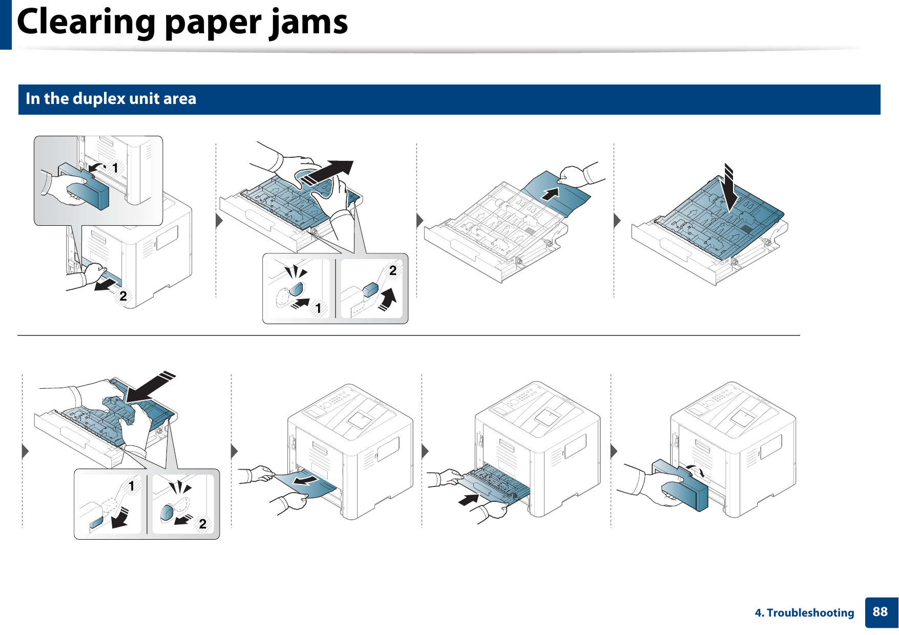 Clearing paper jams884. Troubleshooting6 In the duplex unit area121212