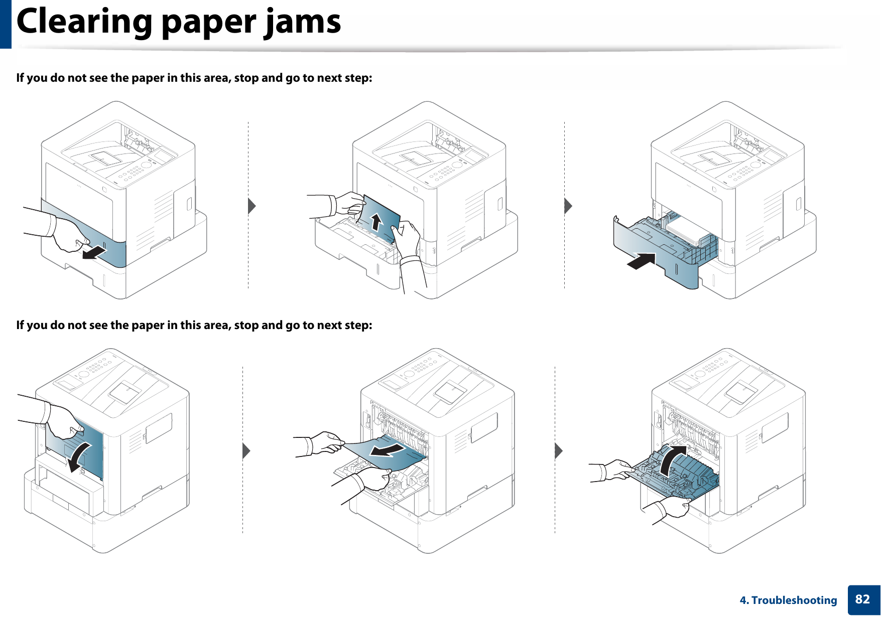Clearing paper jams824. TroubleshootingIf you do not see the paper in this area, stop and go to next step:If you do not see the paper in this area, stop and go to next step: