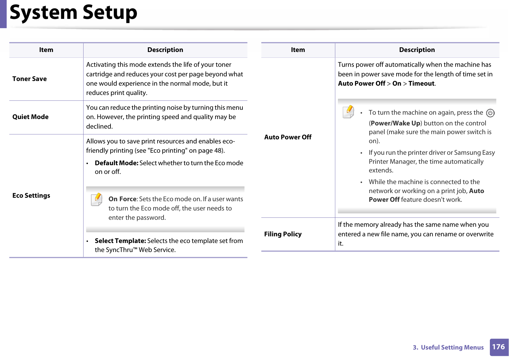 System Setup1763.  Useful Setting MenusToner SaveActivating this mode extends the life of your toner cartridge and reduces your cost per page beyond what one would experience in the normal mode, but it reduces print quality.Quiet ModeYou can reduce the printing noise by turning this menu on. However, the printing speed and quality may be declined.Eco SettingsAllows you to save print resources and enables eco-friendly printing (see &quot;Eco printing&quot; on page 48).•Default Mode: Select whether to turn the Eco mode on or off. On Force: Sets the Eco mode on. If a user wants to turn the Eco mode off, the user needs to enter the password. •Select Template: Selects the eco template set from the SyncThru™ Web Service.Item DescriptionAuto Power OffTurns power off automatically when the machine has been in power save mode for the length of time set in Auto Power Off &gt; On &gt; Timeout. • To turn the machine on again, press the   (Power/Wake Up) button on the control panel (make sure the main power switch is on).• If you run the printer driver or Samsung Easy Printer Manager, the time automatically extends.• While the machine is connected to the network or working on a print job, Auto Power Off feature doesn&apos;t work. Filing PolicyIf the memory already has the same name when you entered a new file name, you can rename or overwrite it.Item Description