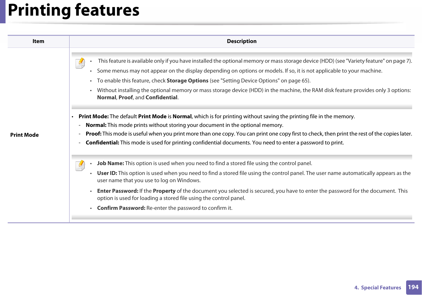 Printing features1944.  Special FeaturesPrint Mode •  This feature is available only if you have installed the optional memory or mass storage device (HDD) (see &quot;Variety feature&quot; on page 7).• Some menus may not appear on the display depending on options or models. If so, it is not applicable to your machine.• To enable this feature, check Storage Options (see &quot;Setting Device Options&quot; on page 65).• Without installing the optional memory or mass storage device (HDD) in the machine, the RAM disk feature provides only 3 options: Normal, Proof, and Confidential. •Print Mode: The default Print Mode is Normal, which is for printing without saving the printing file in the memory.-Normal: This mode prints without storing your document in the optional memory.-Proof: This mode is useful when you print more than one copy. You can print one copy first to check, then print the rest of the copies later.-Confidential: This mode is used for printing confidential documents. You need to enter a password to print. •Job Name: This option is used when you need to find a stored file using the control panel.•User ID: This option is used when you need to find a stored file using the control panel. The user name automatically appears as the user name that you use to log on Windows.•Enter Password: If the Property of the document you selected is secured, you have to enter the password for the document. This option is used for loading a stored file using the control panel.•Confirm Password: Re-enter the password to confirm it. Item Description