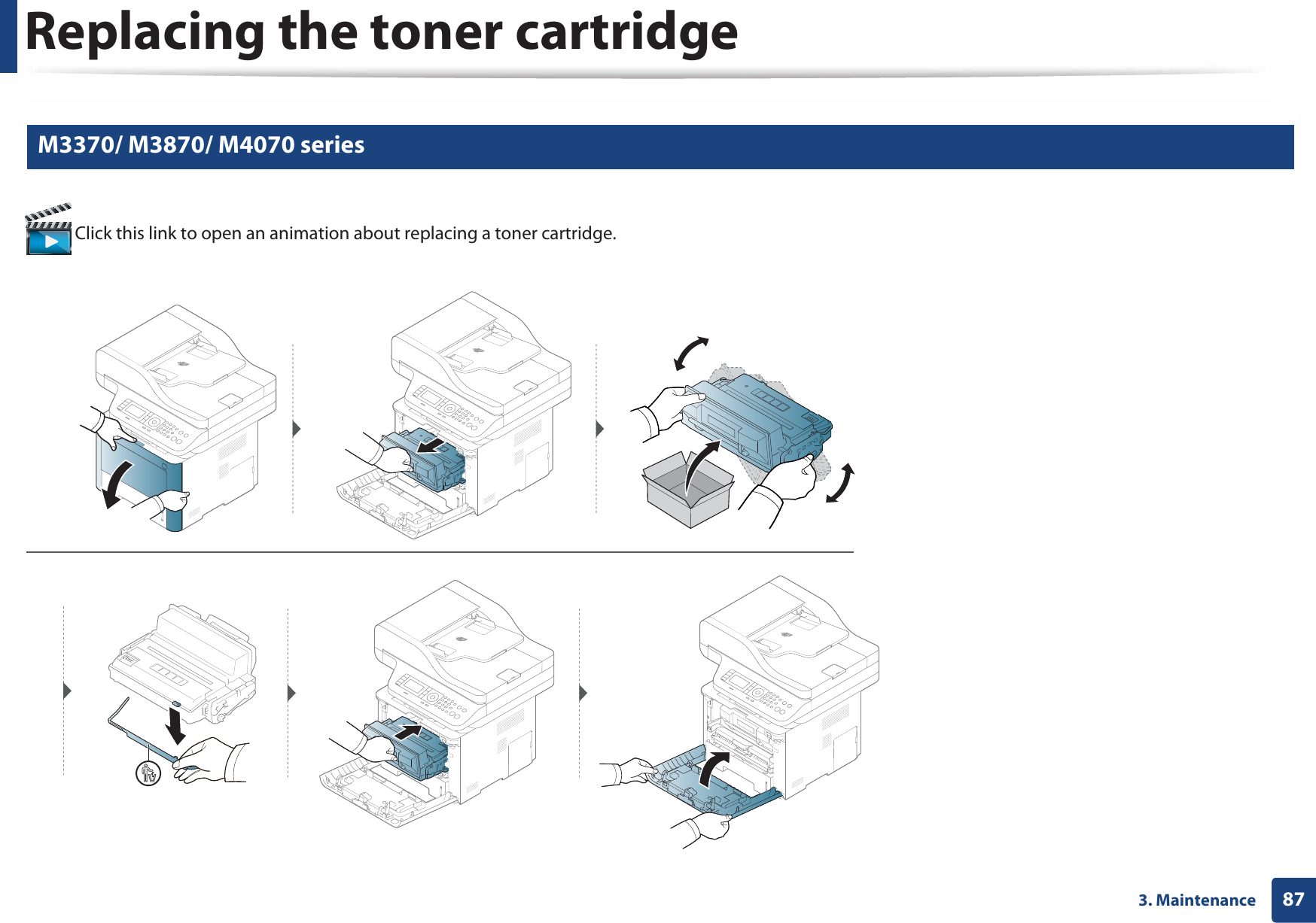 Replacing the toner cartridge873. Maintenance6 M3370/ M3870/ M4070 series Click this link to open an animation about replacing a toner cartridge.