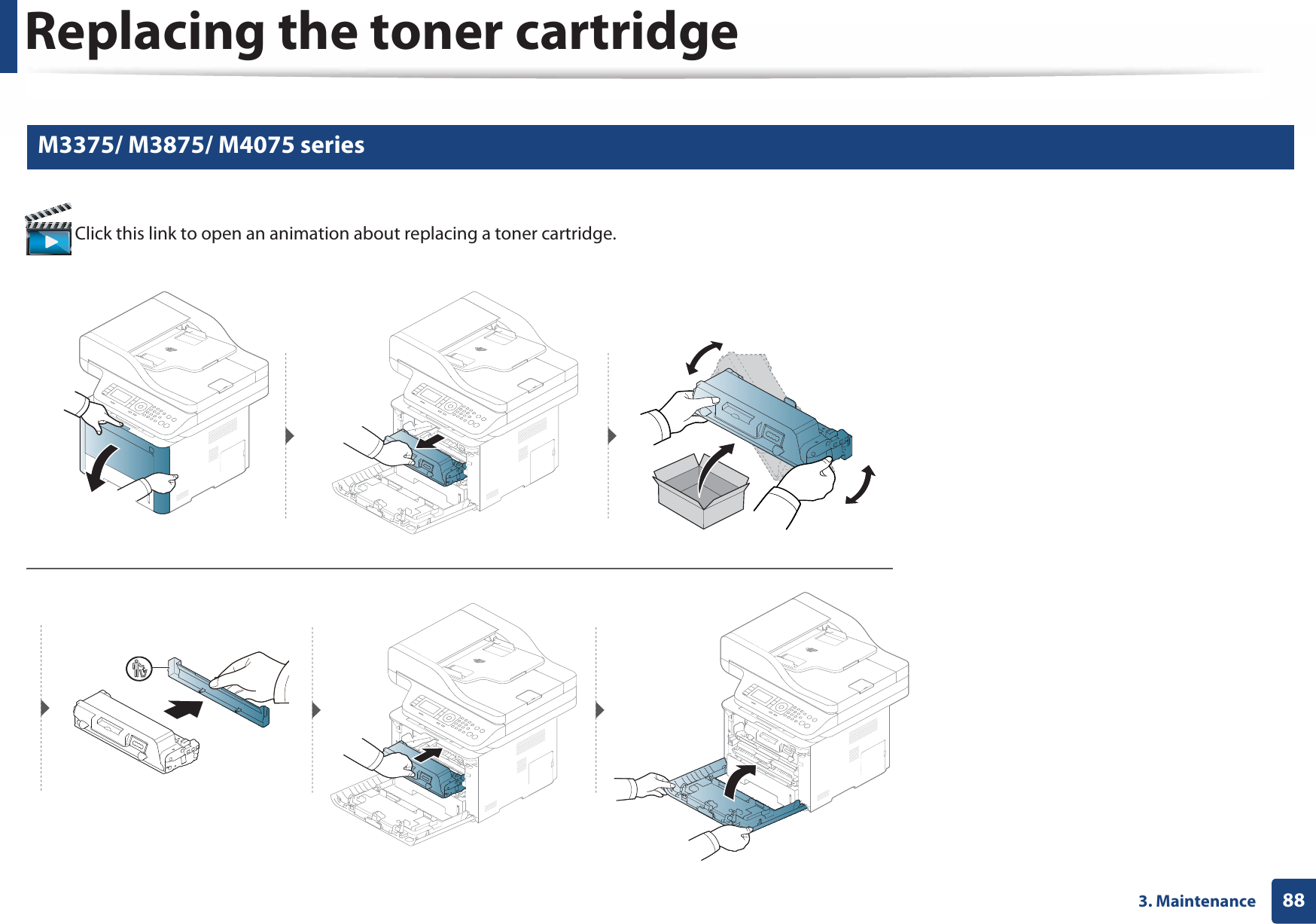 Replacing the toner cartridge883. Maintenance7 M3375/ M3875/ M4075 series Click this link to open an animation about replacing a toner cartridge.