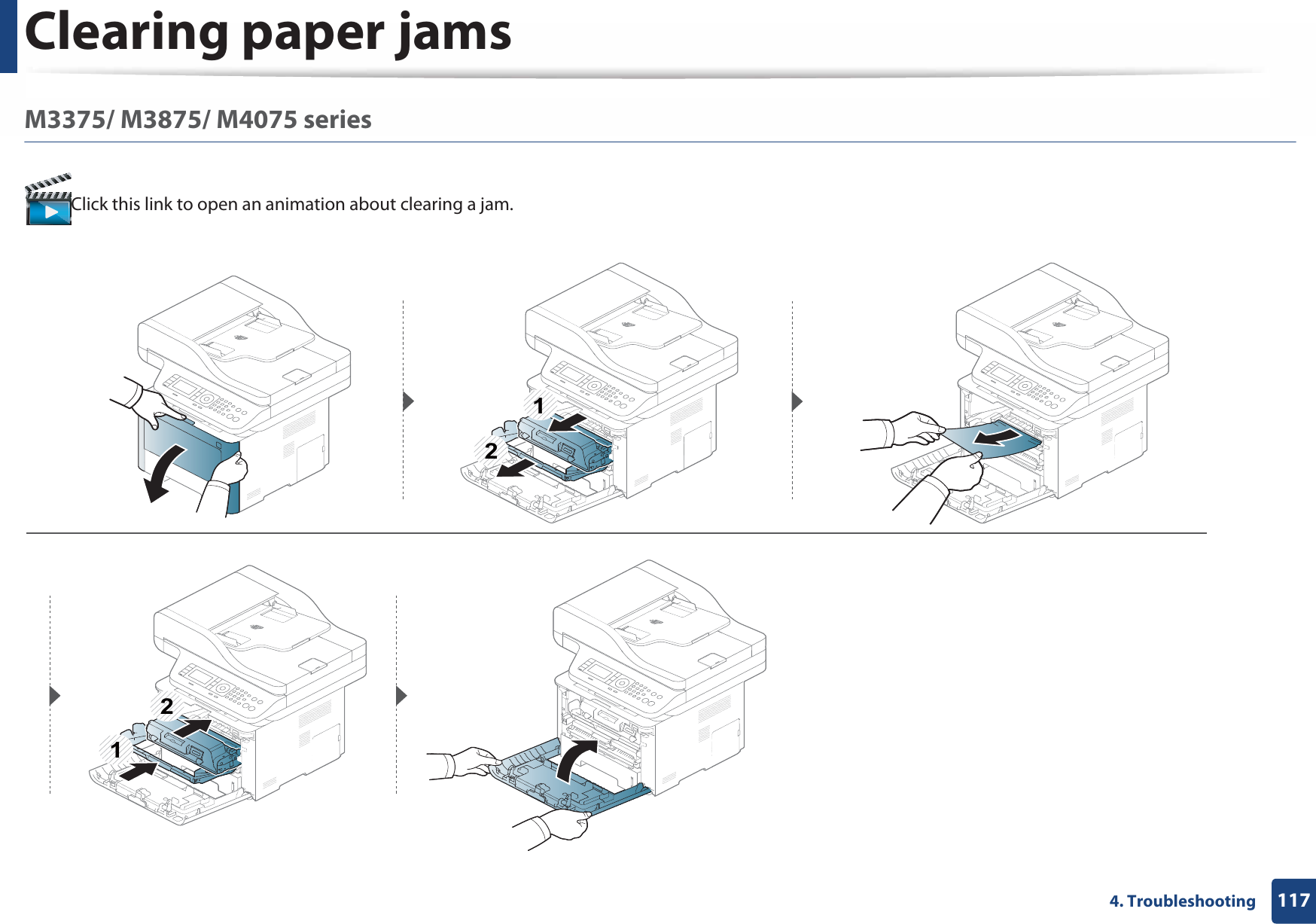 Clearing paper jams1174. TroubleshootingM3375/ M3875/ M4075 seriesClick this link to open an animation about clearing a jam.1221
