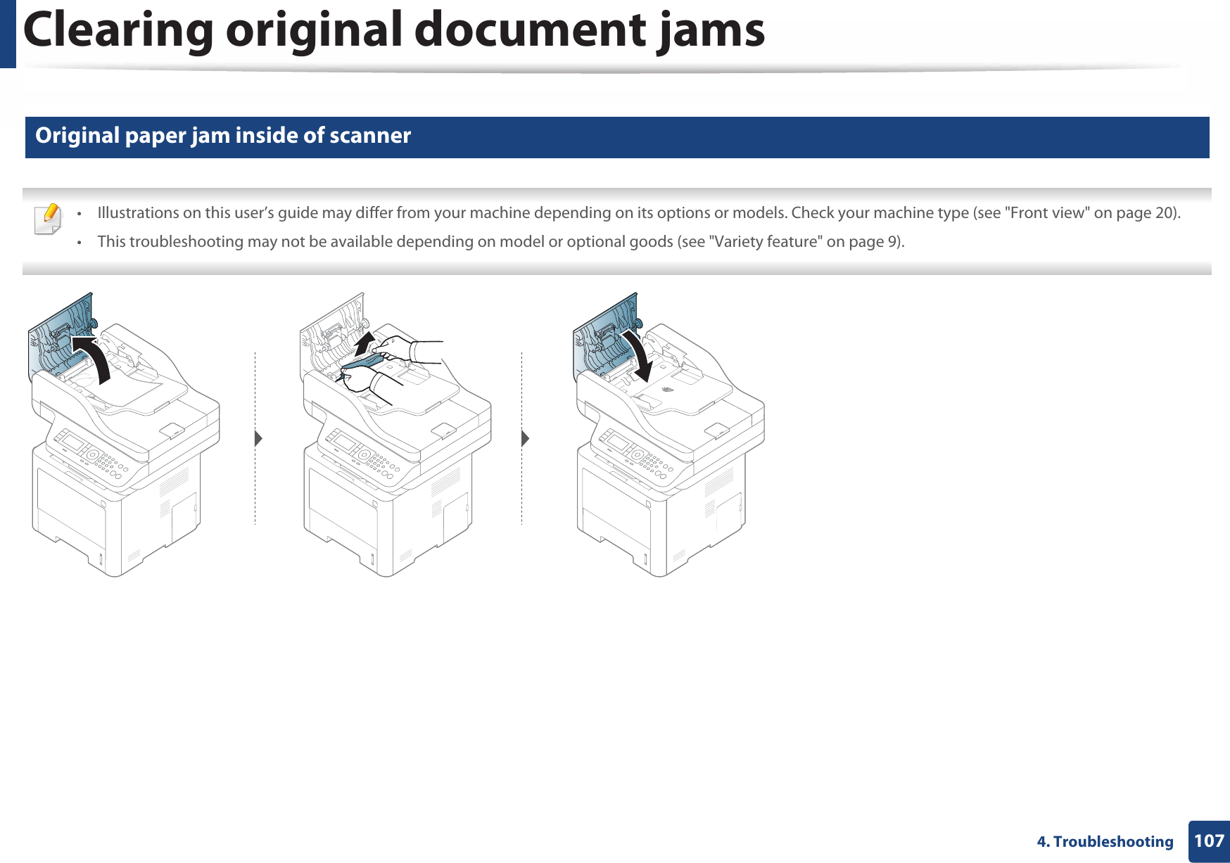 Clearing original document jams1074. Troubleshooting2 Original paper jam inside of scanner • Illustrations on this user’s guide may differ from your machine depending on its options or models. Check your machine type (see &quot;Front view&quot; on page 20).• This troubleshooting may not be available depending on model or optional goods (see &quot;Variety feature&quot; on page 9). 