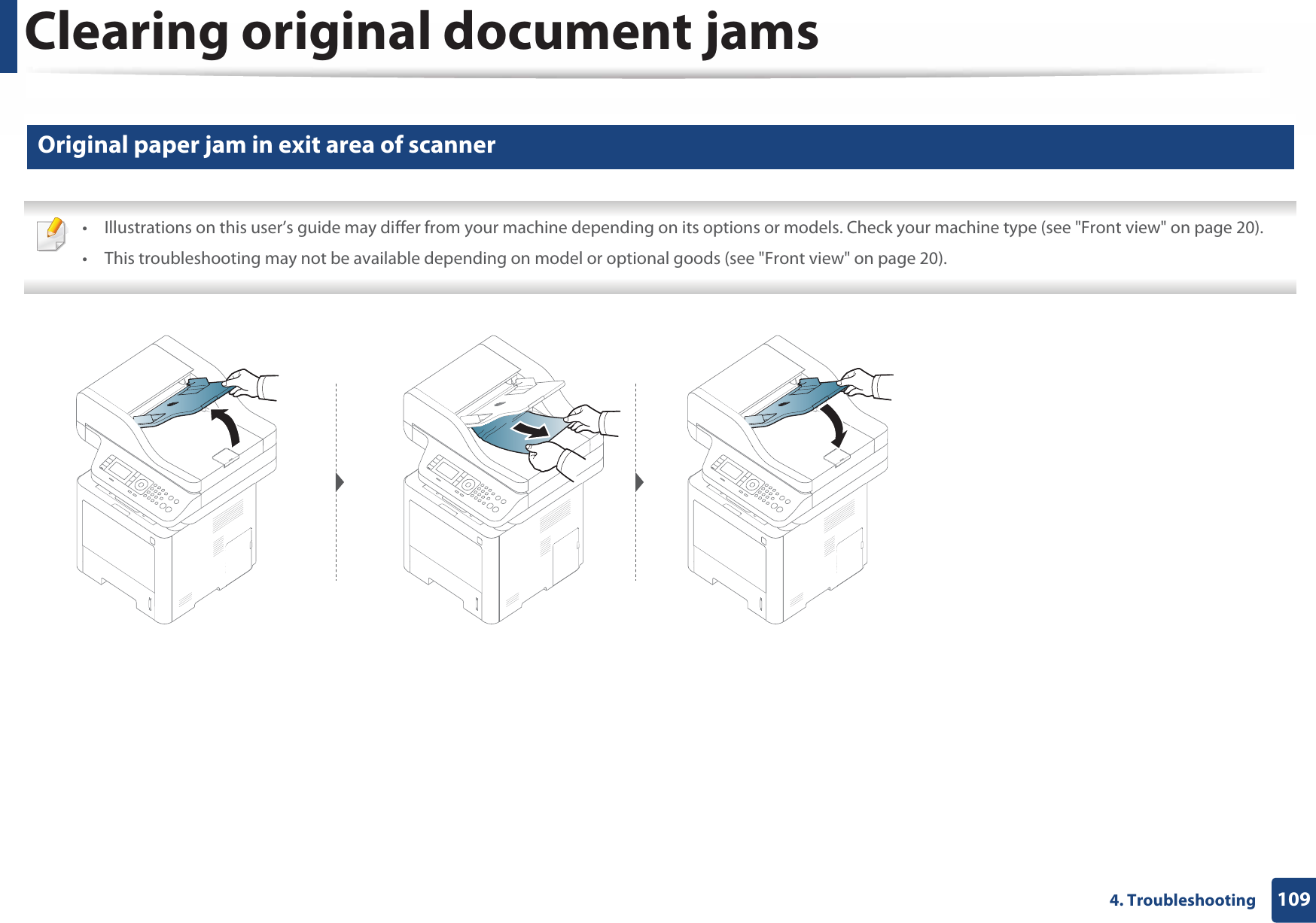 Clearing original document jams1094. Troubleshooting3 Original paper jam in exit area of scanner • Illustrations on this user’s guide may differ from your machine depending on its options or models. Check your machine type (see &quot;Front view&quot; on page 20).• This troubleshooting may not be available depending on model or optional goods (see &quot;Front view&quot; on page 20). 