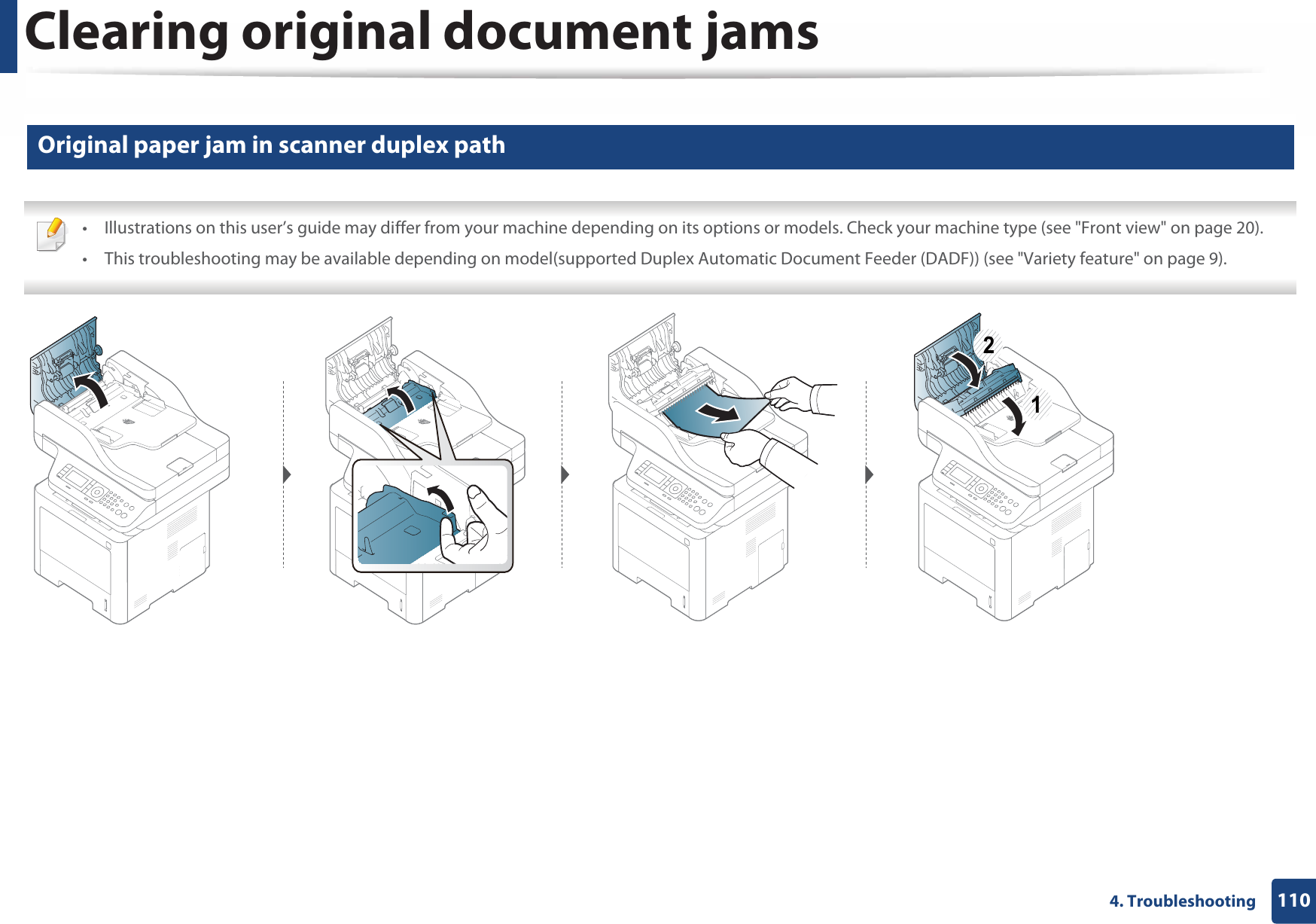 Clearing original document jams1104. Troubleshooting4 Original paper jam in scanner duplex path • Illustrations on this user’s guide may differ from your machine depending on its options or models. Check your machine type (see &quot;Front view&quot; on page 20).• This troubleshooting may be available depending on model(supported Duplex Automatic Document Feeder (DADF)) (see &quot;Variety feature&quot; on page 9). 12