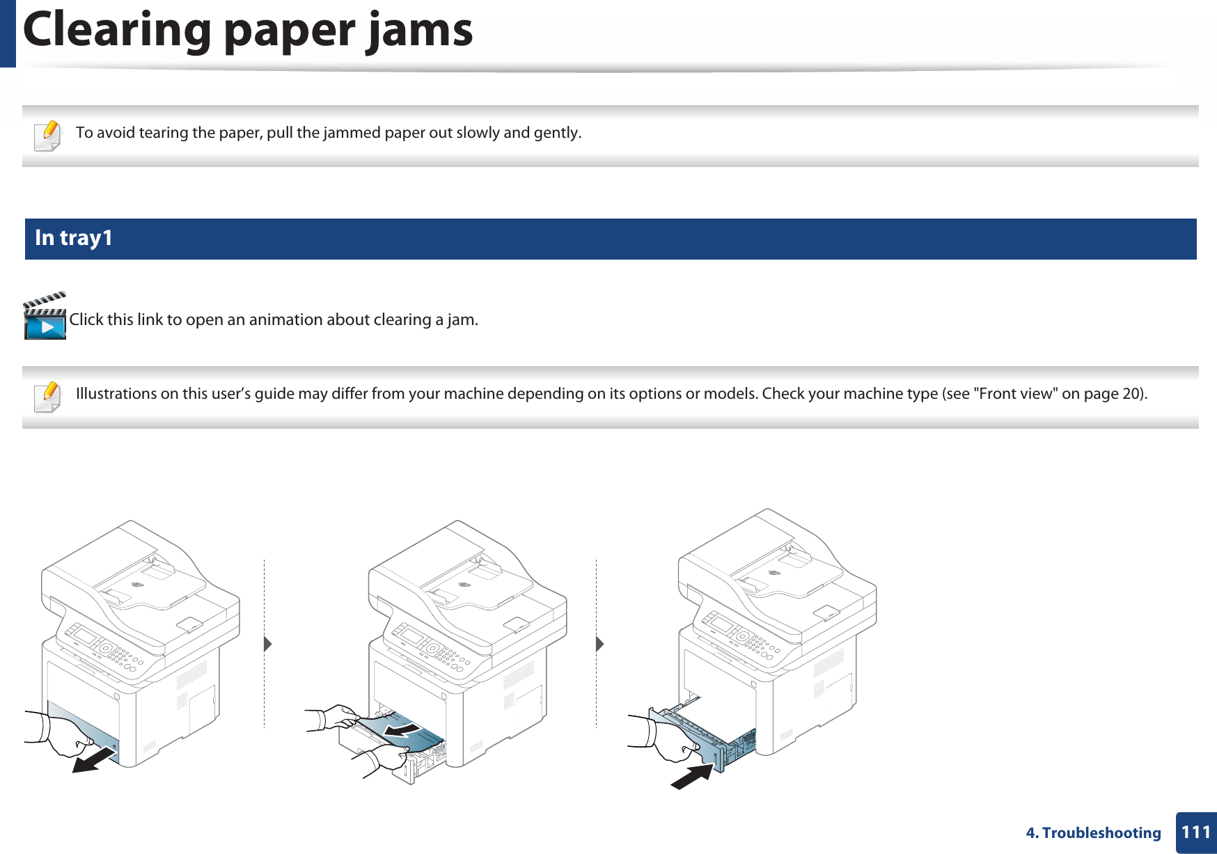 1114. TroubleshootingClearing paper jams To avoid tearing the paper, pull the jammed paper out slowly and gently.  5 In tray1 Click this link to open an animation about clearing a jam. Illustrations on this user’s guide may differ from your machine depending on its options or models. Check your machine type (see &quot;Front view&quot; on page 20). 