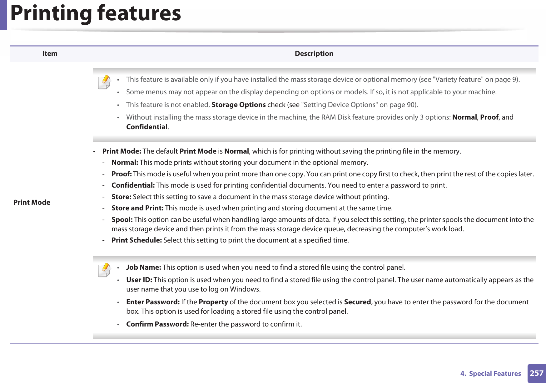 Printing features2574.  Special FeaturesPrint Mode • This feature is available only if you have installed the mass storage device or optional memory (see &quot;Variety feature&quot; on page 9).• Some menus may not appear on the display depending on options or models. If so, it is not applicable to your machine.• This feature is not enabled, Storage Options check (see &quot;Setting Device Options&quot; on page 90).• Without installing the mass storage device in the machine, the RAM Disk feature provides only 3 options: Normal, Proof, and Confidential. •Print Mode: The default Print Mode is Normal, which is for printing without saving the printing file in the memory. -Normal: This mode prints without storing your document in the optional memory. -Proof: This mode is useful when you print more than one copy. You can print one copy first to check, then print the rest of the copies later. -Confidential: This mode is used for printing confidential documents. You need to enter a password to print. -Store: Select this setting to save a document in the mass storage device without printing. -Store and Print: This mode is used when printing and storing document at the same time. -Spool: This option can be useful when handling large amounts of data. If you select this setting, the printer spools the document into the mass storage device and then prints it from the mass storage device queue, decreasing the computer’s work load.-Print Schedule: Select this setting to print the document at a specified time. •Job Name: This option is used when you need to find a stored file using the control panel.•User ID: This option is used when you need to find a stored file using the control panel. The user name automatically appears as the user name that you use to log on Windows.•Enter Password: If the Property of the document box you selected is Secured, you have to enter the password for the document box. This option is used for loading a stored file using the control panel. •Confirm Password: Re-enter the password to confirm it. Item Description