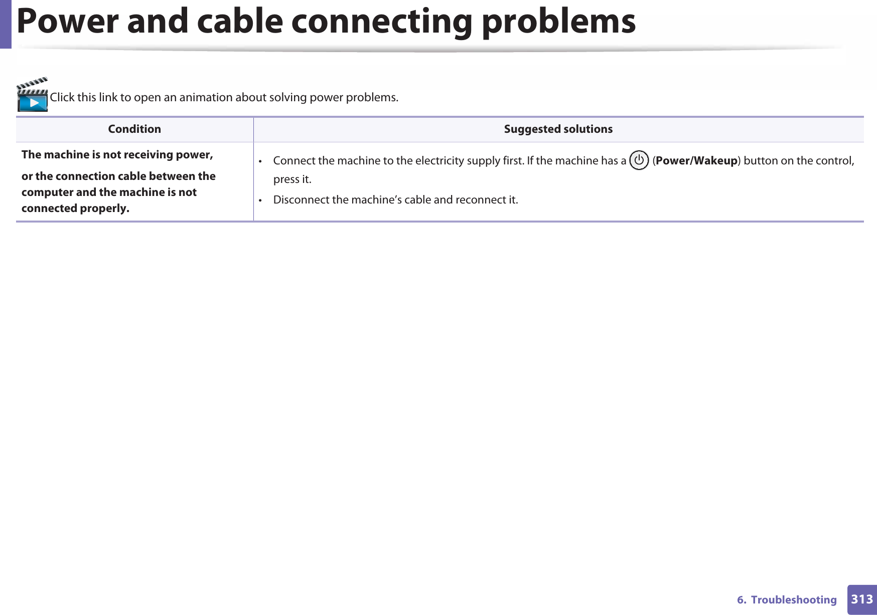 3136.  TroubleshootingPower and cable connecting problems Click this link to open an animation about solving power problems.Condition Suggested solutionsThe machine is not receiving power, or the connection cable between the computer and the machine is not connected properly.• Connect the machine to the electricity supply first. If the machine has a   (Power/Wakeup) button on the control, press it. • Disconnect the machine’s cable and reconnect it.