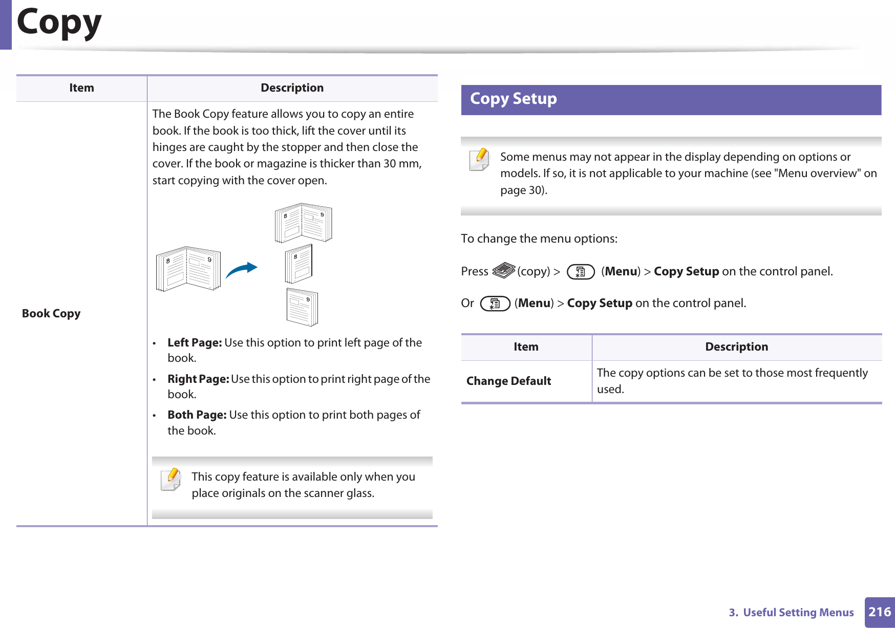 Copy2163.  Useful Setting Menus2 Copy Setup Some menus may not appear in the display depending on options or models. If so, it is not applicable to your machine (see &quot;Menu overview&quot; on page 30). To change the menu options:Press  (copy) &gt;   (Menu) &gt; Copy Setup on the control panel.Or  (Menu) &gt; Copy Setup on the control panel.Book CopyThe Book Copy feature allows you to copy an entire book. If the book is too thick, lift the cover until its hinges are caught by the stopper and then close the cover. If the book or magazine is thicker than 30 mm, start copying with the cover open.•Left Page: Use this option to print left page of the book.•Right Page: Use this option to print right page of the book.•Both Page: Use this option to print both pages of the book. This copy feature is available only when you place originals on the scanner glass.  Item DescriptionItem DescriptionChange Default The copy options can be set to those most frequently used.