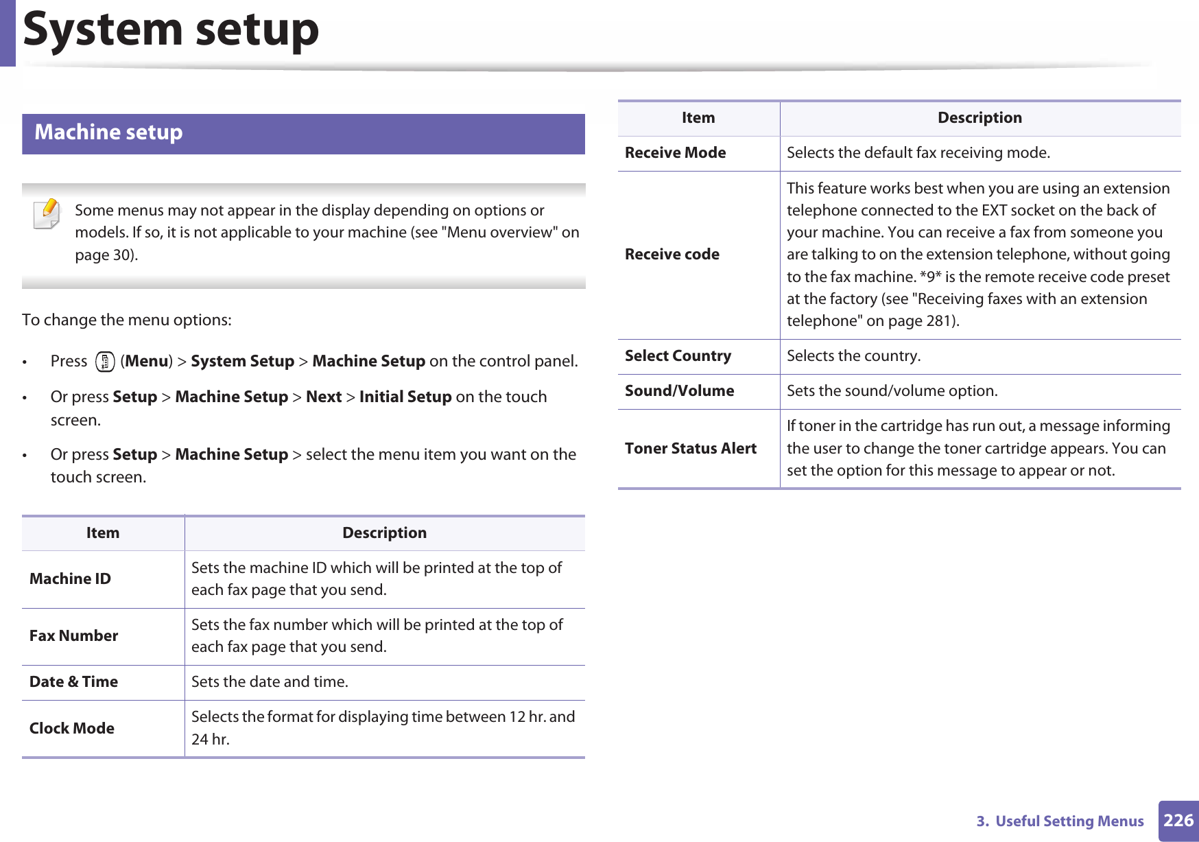 2263.  Useful Setting MenusSystem setup9 Machine setup Some menus may not appear in the display depending on options or models. If so, it is not applicable to your machine (see &quot;Menu overview&quot; on page 30). To change the menu options:• Press  (Menu) &gt; System Setup &gt; Machine Setup on the control panel.• Or press Setup &gt; Machine Setup &gt; Next &gt; Initial Setup on the touch screen.• Or press Setup &gt; Machine Setup &gt; select the menu item you want on the touch screen.Item DescriptionMachine ID Sets the machine ID which will be printed at the top of each fax page that you send.Fax Number Sets the fax number which will be printed at the top of each fax page that you send.Date &amp; Time Sets the date and time.Clock Mode Selects the format for displaying time between 12 hr. and 24 hr. Receive Mode Selects the default fax receiving mode.Receive codeThis feature works best when you are using an extension telephone connected to the EXT socket on the back of your machine. You can receive a fax from someone you are talking to on the extension telephone, without going to the fax machine. *9* is the remote receive code preset at the factory (see &quot;Receiving faxes with an extension telephone&quot; on page 281).Select Country Selects the country.Sound/Volume Sets the sound/volume option.Toner Status AlertIf toner in the cartridge has run out, a message informing the user to change the toner cartridge appears. You can set the option for this message to appear or not.Item Description