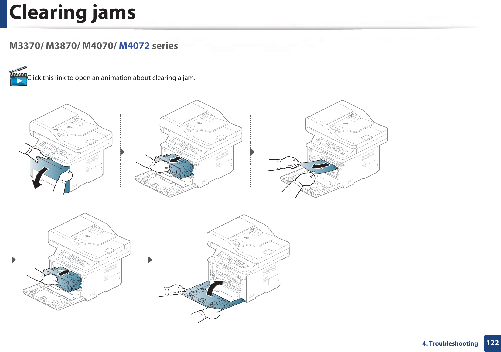 Clearing jams1224. TroubleshootingM3370/ M3870/ M4070/ M4072 seriesClick this link to open an animation about clearing a jam.
