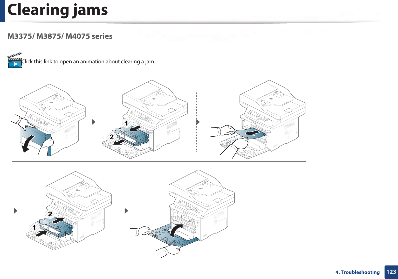 Clearing jams1234. TroubleshootingM3375/ M3875/ M4075 seriesClick this link to open an animation about clearing a jam.1221