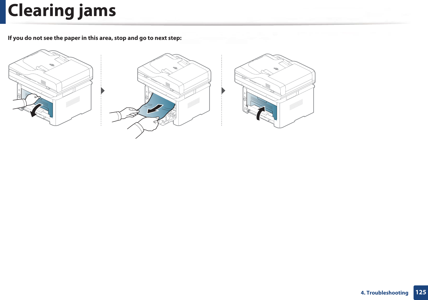 Clearing jams1254. TroubleshootingIf you do not see the paper in this area, stop and go to next step: