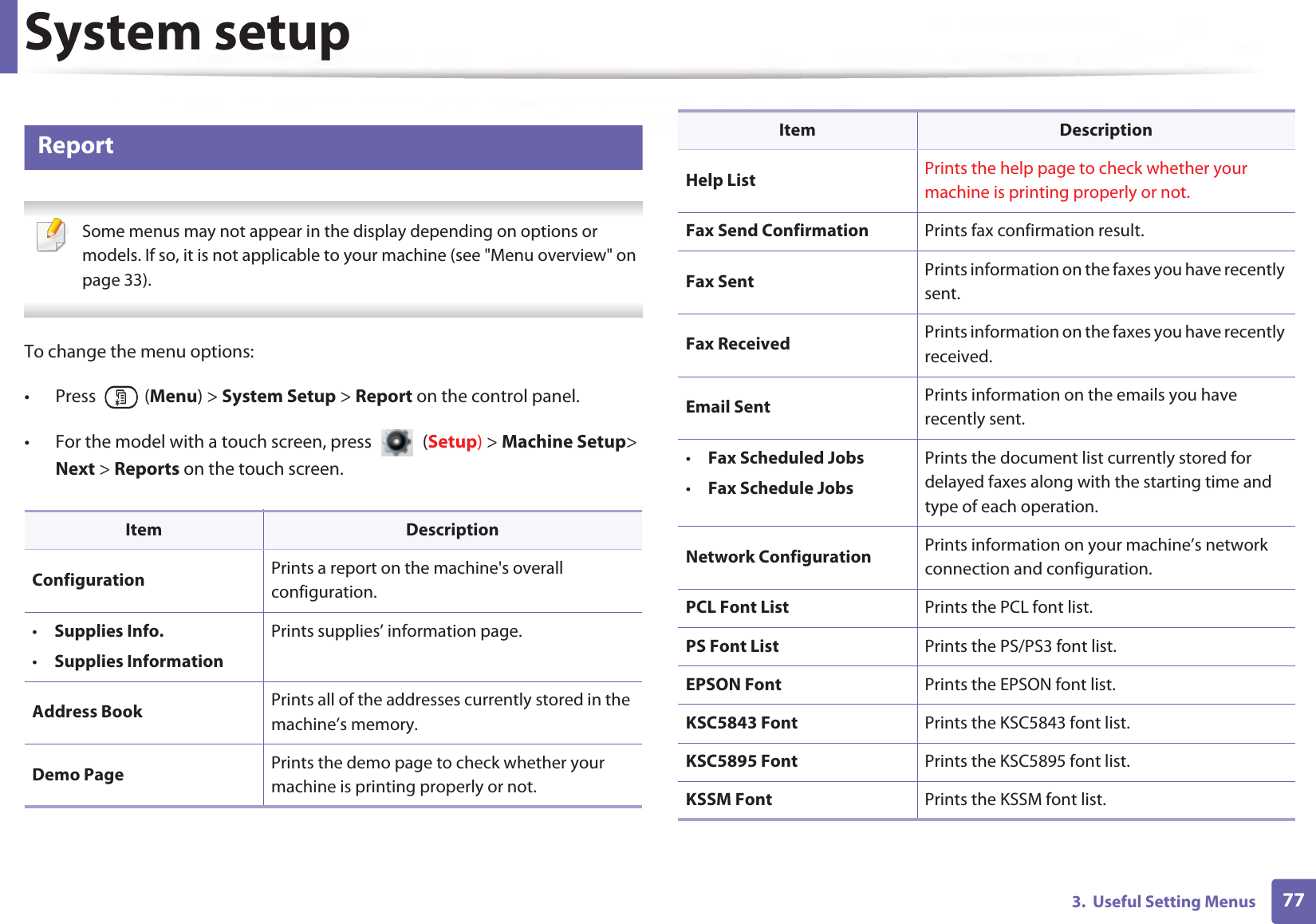 System setup773.  Useful Setting Menus13 Report Some menus may not appear in the display depending on options or models. If so, it is not applicable to your machine (see &quot;Menu overview&quot; on page 33). To change the menu options:• Press  (Menu) &gt; System Setup &gt; Report on the control panel.• For the model with a touch screen, press   (Setup) &gt; Machine Setup&gt; Next &gt; Reports on the touch screen.Item DescriptionConfiguration Prints a report on the machine&apos;s overall configuration.•Supplies Info.•Supplies InformationPrints supplies’ information page. Address Book  Prints all of the addresses currently stored in the machine’s memory.Demo Page Prints the demo page to check whether your machine is printing properly or not.Help List Prints the help page to check whether your machine is printing properly or not.Fax Send Confirmation Prints fax confirmation result.Fax Sent Prints information on the faxes you have recently sent.Fax Received Prints information on the faxes you have recently received.Email Sent Prints information on the emails you have recently sent.•Fax Scheduled Jobs•Fax Schedule JobsPrints the document list currently stored for delayed faxes along with the starting time and type of each operation.Network Configuration  Prints information on your machine’s network connection and configuration.PCL Font List Prints the PCL font list.PS Font List Prints the PS/PS3 font list.EPSON Font Prints the EPSON font list.KSC5843 Font Prints the KSC5843 font list.KSC5895 Font Prints the KSC5895 font list.KSSM Font Prints the KSSM font list.Item Description
