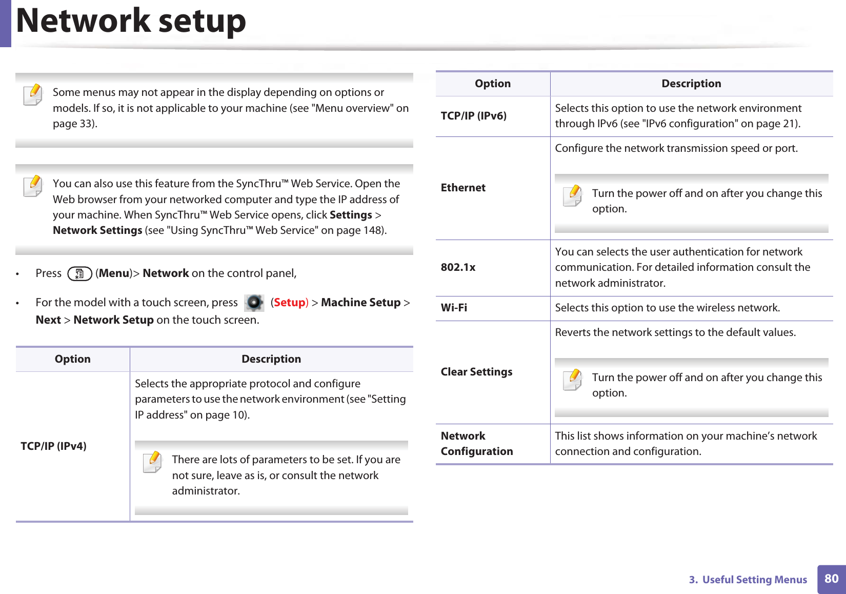 803.  Useful Setting MenusNetwork setup Some menus may not appear in the display depending on options or models. If so, it is not applicable to your machine (see &quot;Menu overview&quot; on page 33).  You can also use this feature from the SyncThru™ Web Service. Open the Web browser from your networked computer and type the IP address of your machine. When SyncThru™ Web Service opens, click Settings &gt; Network Settings (see &quot;Using SyncThru™ Web Service&quot; on page 148). • Press  (Menu)&gt; Network on the control panel,• For the model with a touch screen, press   (Setup) &gt; Machine Setup &gt; Next &gt; Network Setup on the touch screen.Option DescriptionTCP/IP (IPv4)Selects the appropriate protocol and configure parameters to use the network environment (see &quot;Setting IP address&quot; on page 10). There are lots of parameters to be set. If you are not sure, leave as is, or consult the network administrator. TCP/IP (IPv6) Selects this option to use the network environment through IPv6 (see &quot;IPv6 configuration&quot; on page 21).EthernetConfigure the network transmission speed or port. Turn the power off and on after you change this option. 802.1xYou can selects the user authentication for network communication. For detailed information consult the network administrator.Wi-Fi Selects this option to use the wireless network.Clear SettingsReverts the network settings to the default values. Turn the power off and on after you change this option. Network ConfigurationThis list shows information on your machine’s network connection and configuration.Option Description