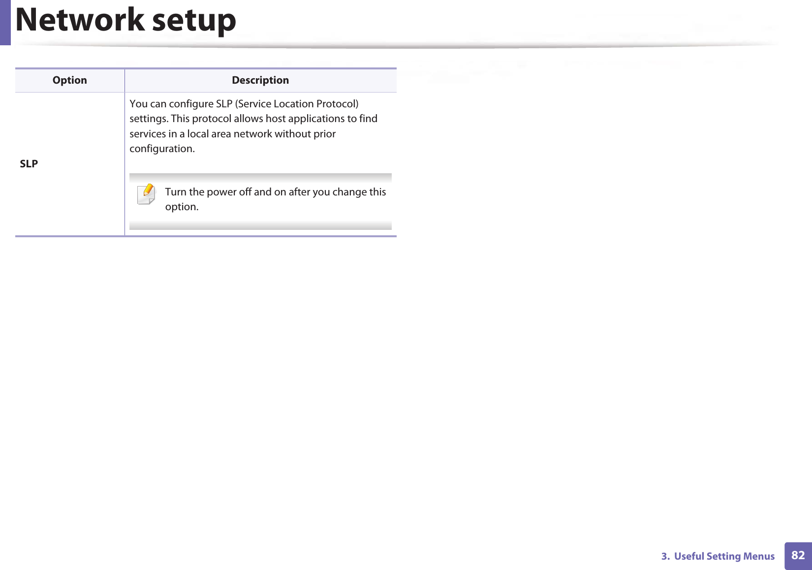 Network setup823.  Useful Setting MenusSLPYou can configure SLP (Service Location Protocol) settings. This protocol allows host applications to find services in a local area network without prior configuration. Turn the power off and on after you change this option. Option Description