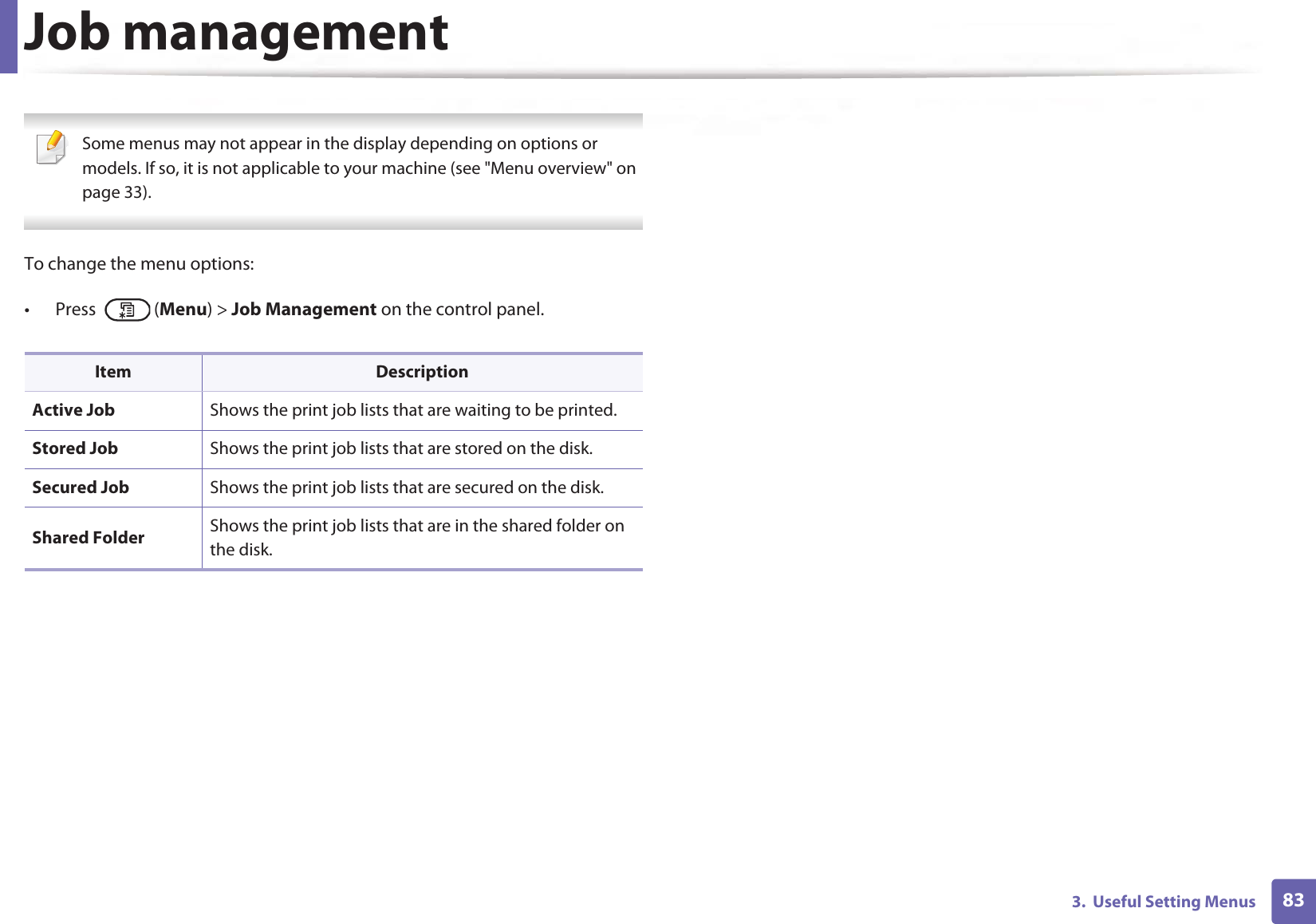 833.  Useful Setting MenusJob management Some menus may not appear in the display depending on options or models. If so, it is not applicable to your machine (see &quot;Menu overview&quot; on page 33). To change the menu options:• Press  (Menu) &gt; Job Management on the control panel.Item DescriptionActive Job Shows the print job lists that are waiting to be printed.Stored Job Shows the print job lists that are stored on the disk.Secured Job Shows the print job lists that are secured on the disk.Shared Folder Shows the print job lists that are in the shared folder on the disk.
