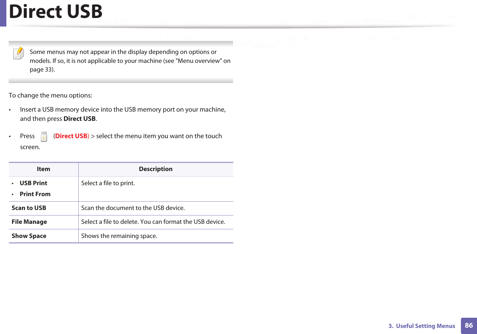 863.  Useful Setting MenusDirect USB Some menus may not appear in the display depending on options or models. If so, it is not applicable to your machine (see &quot;Menu overview&quot; on page 33). To change the menu options:• Insert a USB memory device into the USB memory port on your machine, and then press Direct USB.• Press  (Direct USB) &gt; select the menu item you want on the touch screen. Item Description•USB Print•Print FromSelect a file to print.Scan to USB Scan the document to the USB device.File Manage Select a file to delete. You can format the USB device.Show Space Shows the remaining space.