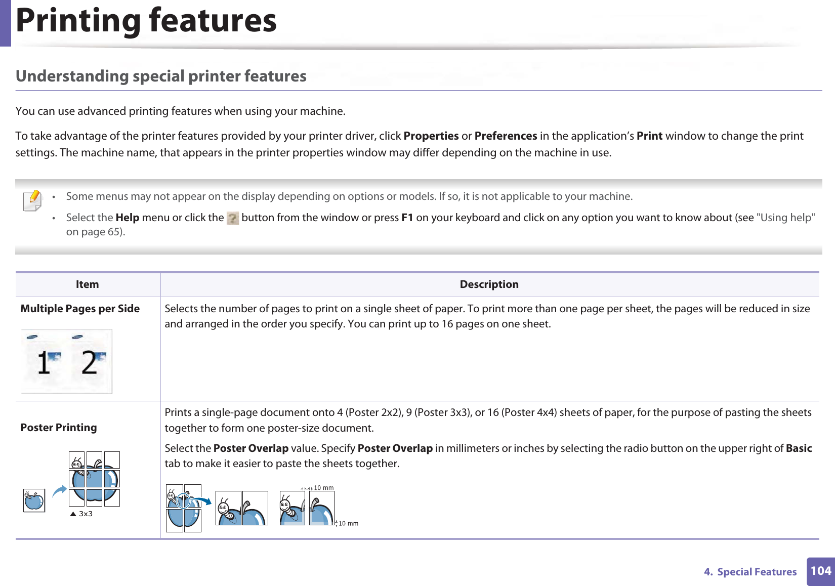 Printing features1044.  Special FeaturesUnderstanding special printer featuresYou can use advanced printing features when using your machine.To take advantage of the printer features provided by your printer driver, click Properties or Preferences in the application’s Print window to change the print settings. The machine name, that appears in the printer properties window may differ depending on the machine in use. • Some menus may not appear on the display depending on options or models. If so, it is not applicable to your machine.• Select the Help menu or click the   button from the window or press F1 on your keyboard and click on any option you want to know about (see &quot;Using help&quot; on page 65).  Item DescriptionMultiple Pages per Side Selects the number of pages to print on a single sheet of paper. To print more than one page per sheet, the pages will be reduced in size and arranged in the order you specify. You can print up to 16 pages on one sheet. Poster PrintingPrints a single-page document onto 4 (Poster 2x2), 9 (Poster 3x3), or 16 (Poster 4x4) sheets of paper, for the purpose of pasting the sheets together to form one poster-size document.Select the Poster Overlap value. Specify Poster Overlap in millimeters or inches by selecting the radio button on the upper right of Basic tab to make it easier to paste the sheets together.