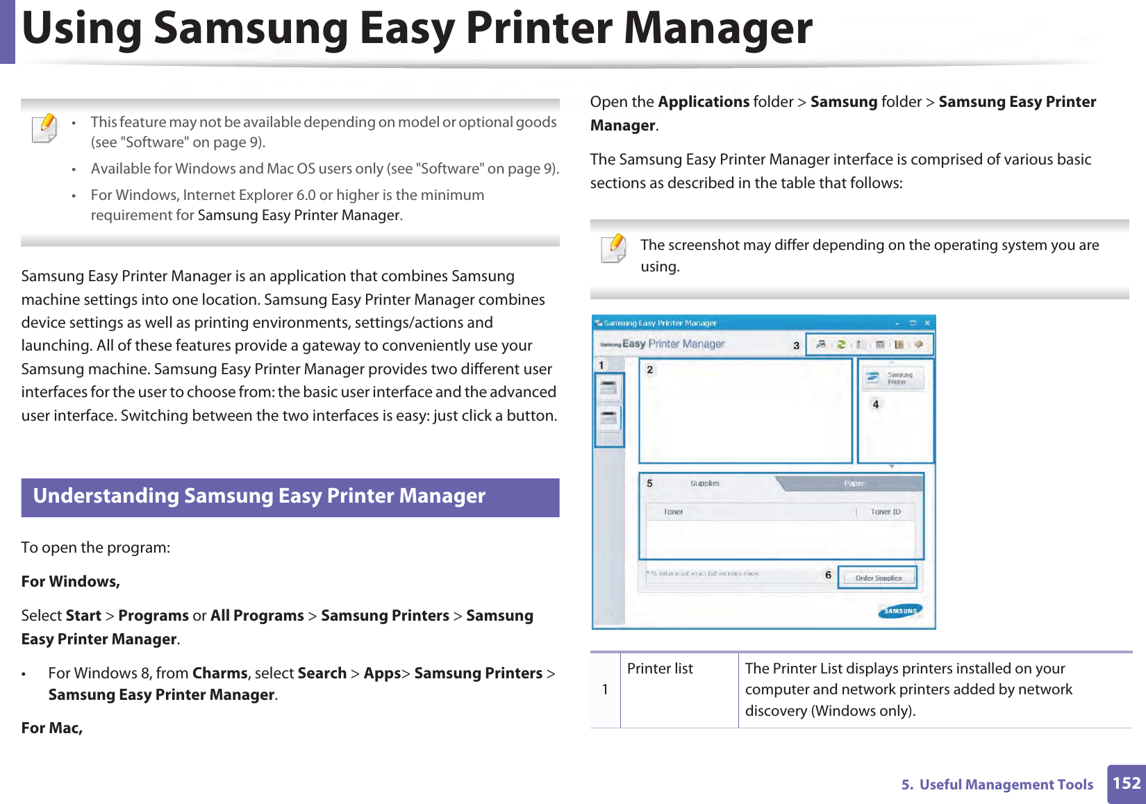 1525.  Useful Management ToolsUsing Samsung Easy Printer Manager  • This feature may not be available depending on model or optional goods (see &quot;Software&quot; on page 9).• Available for Windows and Mac OS users only (see &quot;Software&quot; on page 9).• For Windows, Internet Explorer 6.0 or higher is the minimum requirement for Samsung Easy Printer Manager. Samsung Easy Printer Manager is an application that combines Samsung machine settings into one location. Samsung Easy Printer Manager combines device settings as well as printing environments, settings/actions and launching. All of these features provide a gateway to conveniently use your Samsung machine. Samsung Easy Printer Manager provides two different user interfaces for the user to choose from: the basic user interface and the advanced user interface. Switching between the two interfaces is easy: just click a button.5 Understanding Samsung Easy Printer ManagerTo open the program: For Windows,Select Start &gt; Programs or All Programs &gt; Samsung Printers &gt; Samsung Easy Printer Manager.• For Windows 8, from Charms, select Search &gt; Apps&gt; Samsung Printers &gt; Samsung Easy Printer Manager.For Mac,Open the Applications folder &gt; Samsung folder &gt; Samsung Easy Printer Manager.The Samsung Easy Printer Manager interface is comprised of various basic sections as described in the table that follows: The screenshot may differ depending on the operating system you are using. 1Printer list The Printer List displays printers installed on your computer and network printers added by network discovery (Windows only).