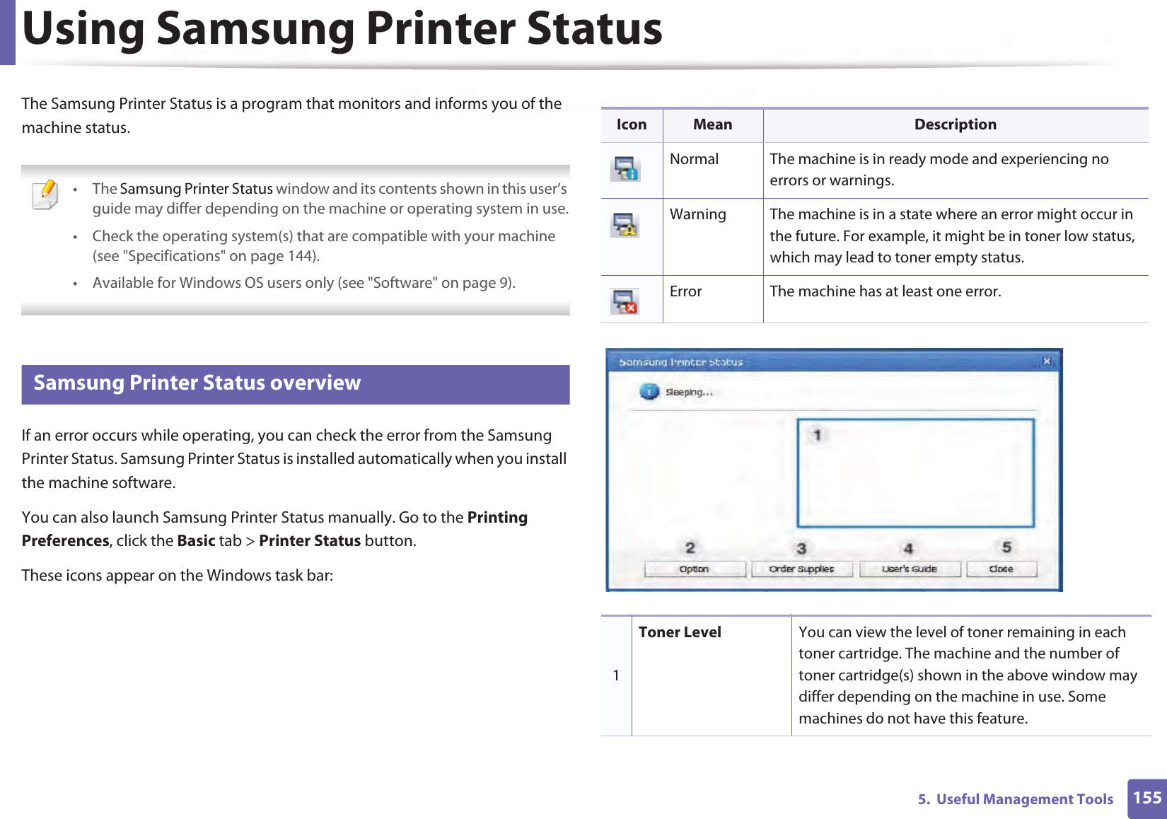 1555.  Useful Management ToolsUsing Samsung Printer Status The Samsung Printer Status is a program that monitors and informs you of the machine status.  • The Samsung Printer Status window and its contents shown in this user’s guide may differ depending on the machine or operating system in use.• Check the operating system(s) that are compatible with your machine (see &quot;Specifications&quot; on page 144).• Available for Windows OS users only (see &quot;Software&quot; on page 9). 7 Samsung Printer Status overviewIf an error occurs while operating, you can check the error from the Samsung Printer Status. Samsung Printer Status is installed automatically when you install the machine software. You can also launch Samsung Printer Status manually. Go to the Printing Preferences, click the Basic tab &gt; Printer Status button.These icons appear on the Windows task bar:Icon Mean DescriptionNormal The machine is in ready mode and experiencing no errors or warnings.Warning The machine is in a state where an error might occur in the future. For example, it might be in toner low status, which may lead to toner empty status. Error The machine has at least one error.1Toner Level You can view the level of toner remaining in each toner cartridge. The machine and the number of toner cartridge(s) shown in the above window may differ depending on the machine in use. Some machines do not have this feature.