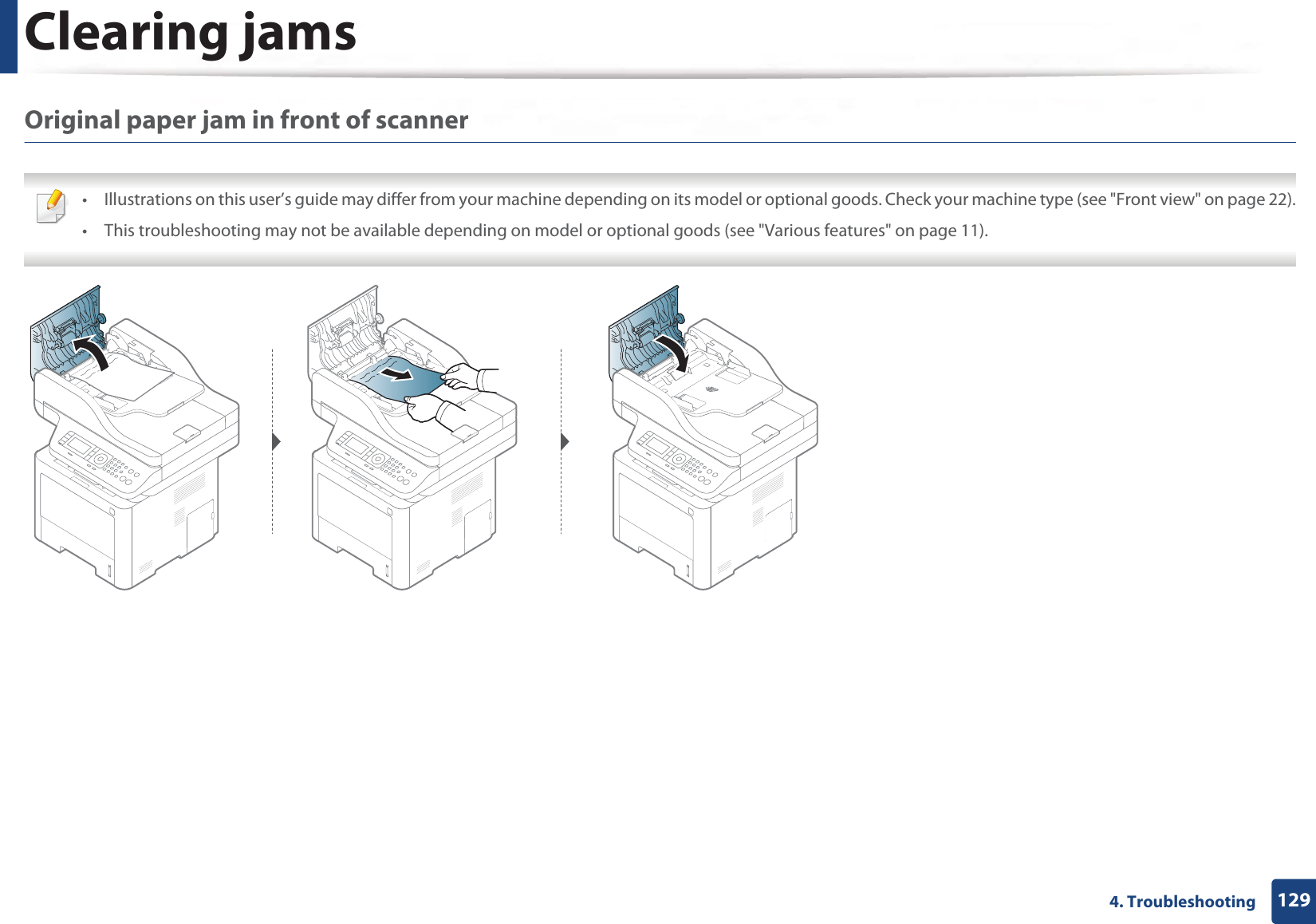 Clearing jams1294. TroubleshootingOriginal paper jam in front of scanner • Illustrations on this user’s guide may differ from your machine depending on its model or optional goods. Check your machine type (see &quot;Front view&quot; on page 22).• This troubleshooting may not be available depending on model or optional goods (see &quot;Various features&quot; on page 11). 