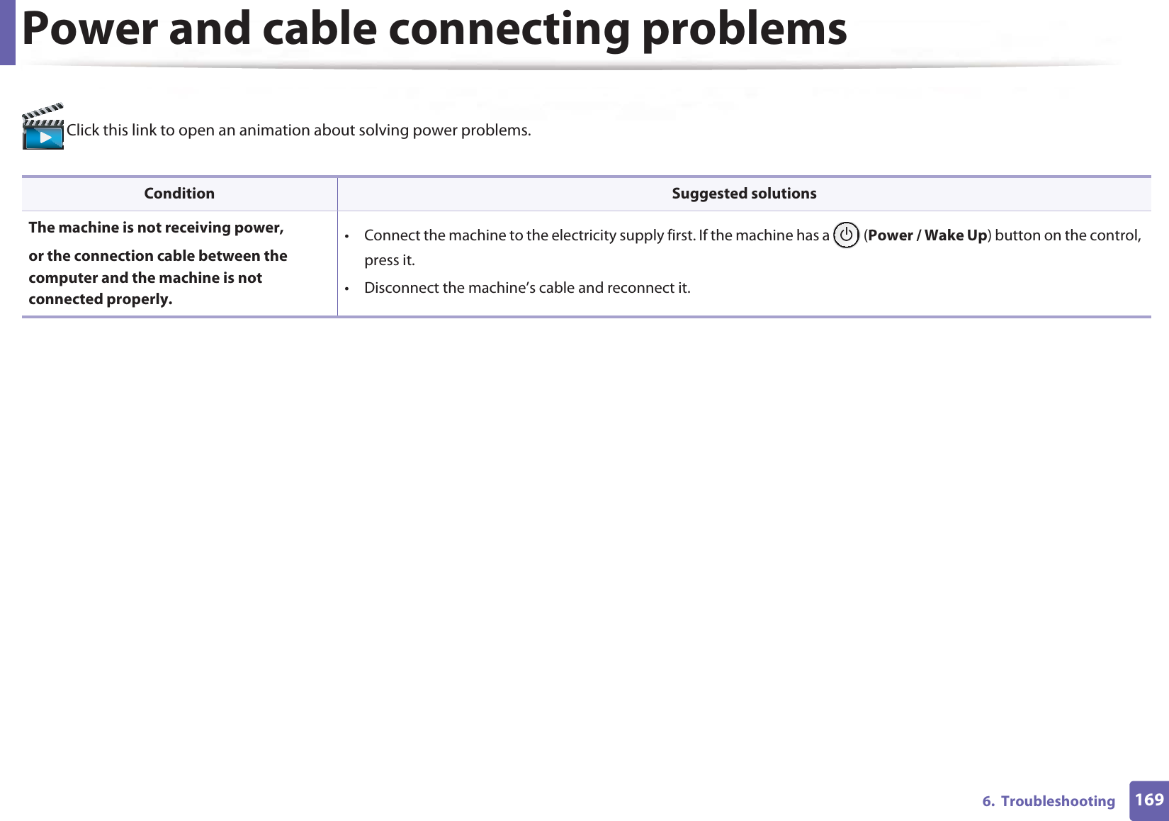 1696. TroubleshootingPower and cable connecting problems Click this link to open an animation about solving power problems.Condition Suggested solutionsThe machine is not receiving power, or the connection cable between the computer and the machine is not connected properly.• Connect the machine to the electricity supply first. If the machine has a (Power / Wake Up) button on the control, press it. • Disconnect the machine’s cable and reconnect it.