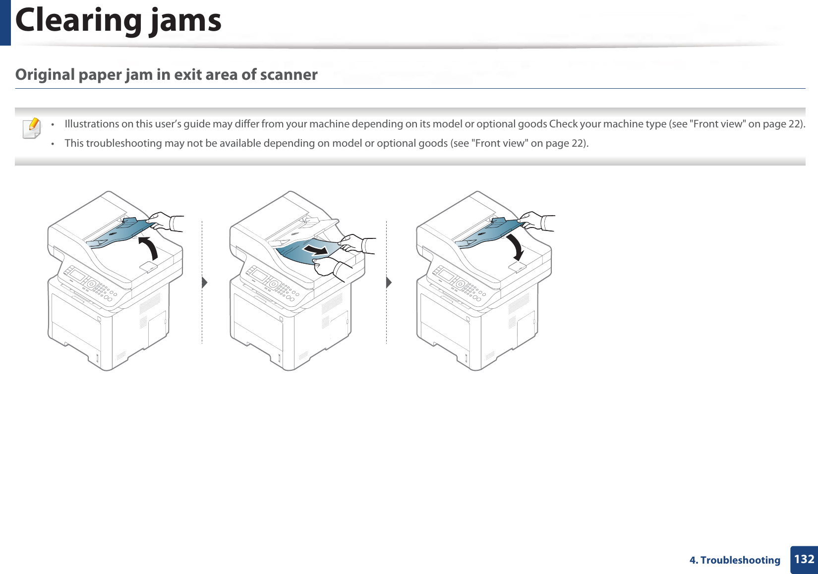 Clearing jams1324. TroubleshootingOriginal paper jam in exit area of scanner • Illustrations on this user’s guide may differ from your machine depending on its model or optional goods Check your machine type (see &quot;Front view&quot; on page 22).• This troubleshooting may not be available depending on model or optional goods (see &quot;Front view&quot; on page 22). 