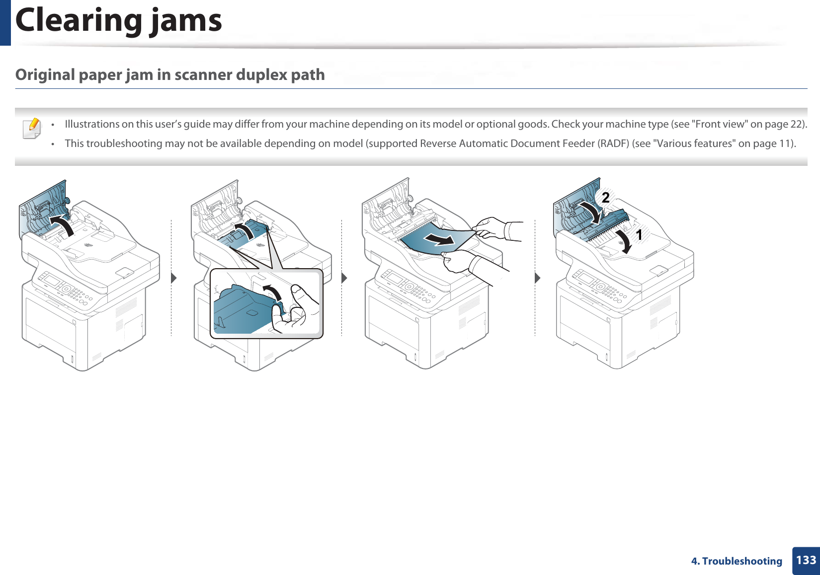 Clearing jams1334. TroubleshootingOriginal paper jam in scanner duplex path • Illustrations on this user’s guide may differ from your machine depending on its model or optional goods. Check your machine type (see &quot;Front view&quot; on page 22).• This troubleshooting may not be available depending on model (supported Reverse Automatic Document Feeder (RADF) (see &quot;Various features&quot; on page 11). 12