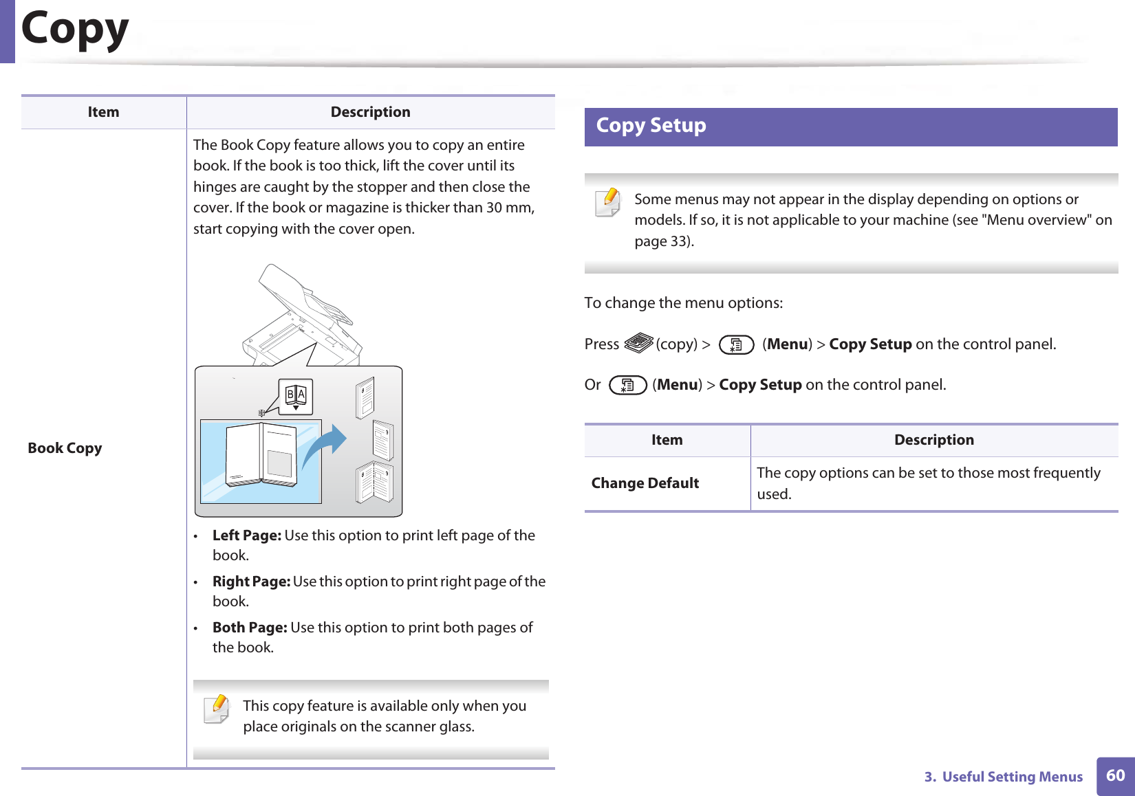 Copy603.  Useful Setting Menus2 Copy Setup Some menus may not appear in the display depending on options or models. If so, it is not applicable to your machine (see &quot;Menu overview&quot; on page 33). To change the menu options:Press  (copy) &gt;   (Menu) &gt; Copy Setup on the control panel.Or  (Menu) &gt; Copy Setup on the control panel.Book CopyThe Book Copy feature allows you to copy an entire book. If the book is too thick, lift the cover until its hinges are caught by the stopper and then close the cover. If the book or magazine is thicker than 30 mm, start copying with the cover open.•Left Page: Use this option to print left page of the book.•Right Page: Use this option to print right page of the book.•Both Page: Use this option to print both pages of the book. This copy feature is available only when you place originals on the scanner glass.  Item DescriptionItem DescriptionChange Default The copy options can be set to those most frequently used.