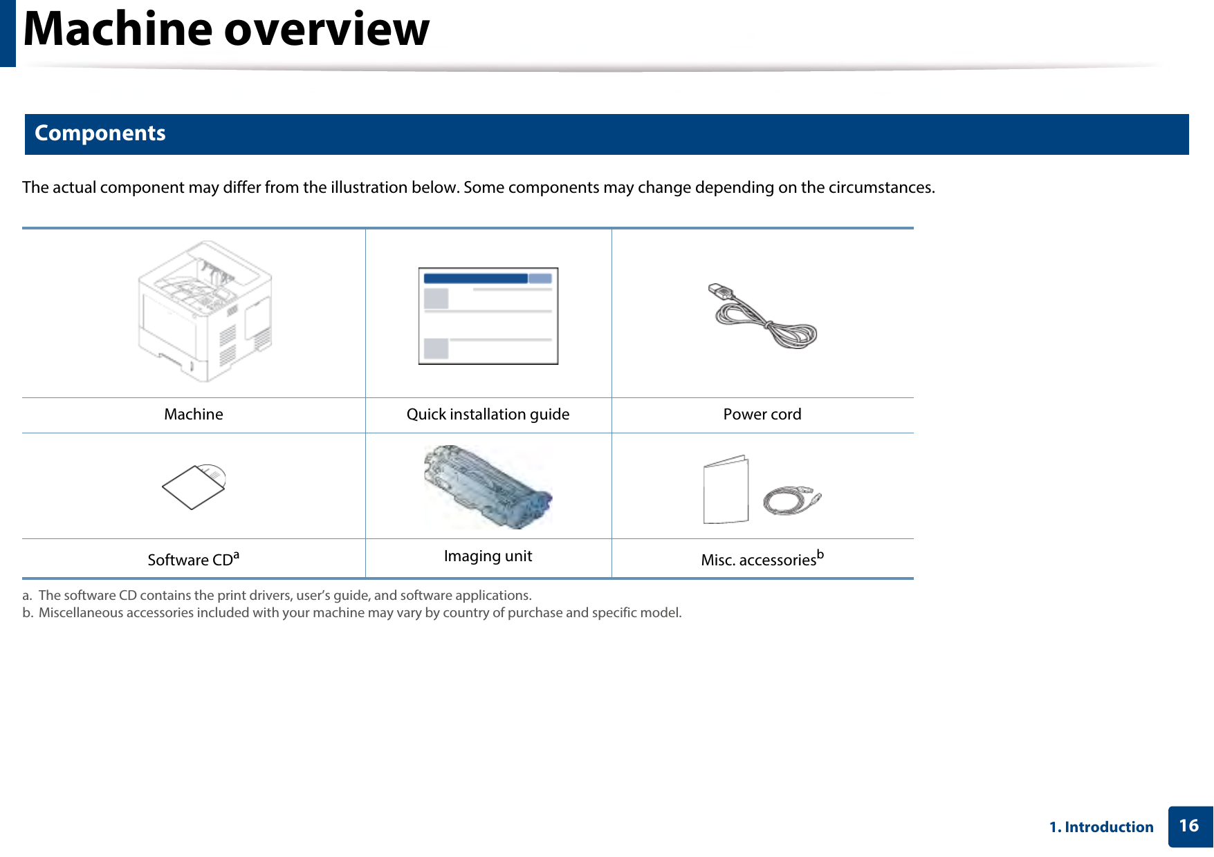 161. IntroductionMachine overview9 ComponentsThe actual component may differ from the illustration below. Some components may change depending on the circumstances.Machine Quick installation guide Power cordSoftware CDaa. The software CD contains the print drivers, user’s guide, and software applications.Imaging unit Misc. accessoriesbb. Miscellaneous accessories included with your machine may vary by country of purchase and specific model.