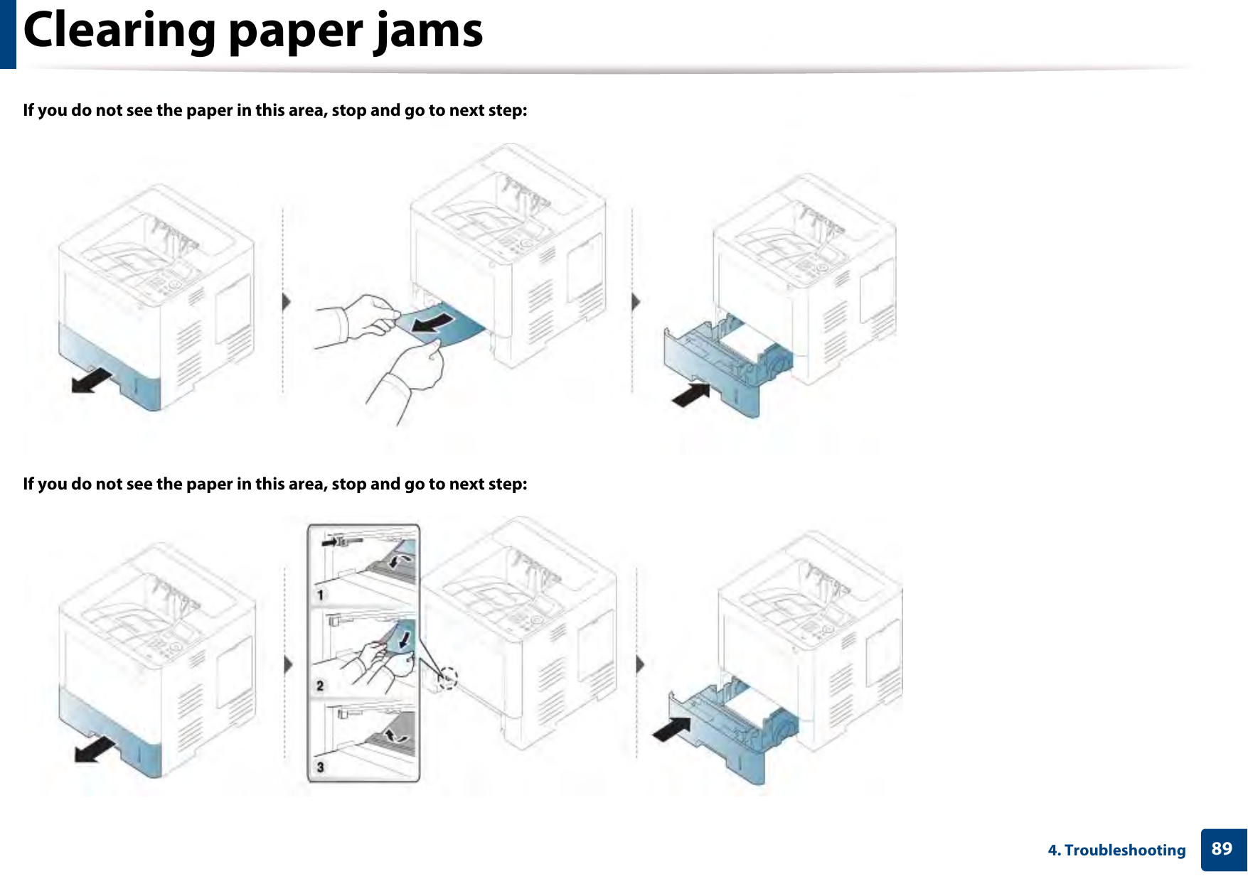 Clearing paper jams894. TroubleshootingIf you do not see the paper in this area, stop and go to next step:If you do not see the paper in this area, stop and go to next step: