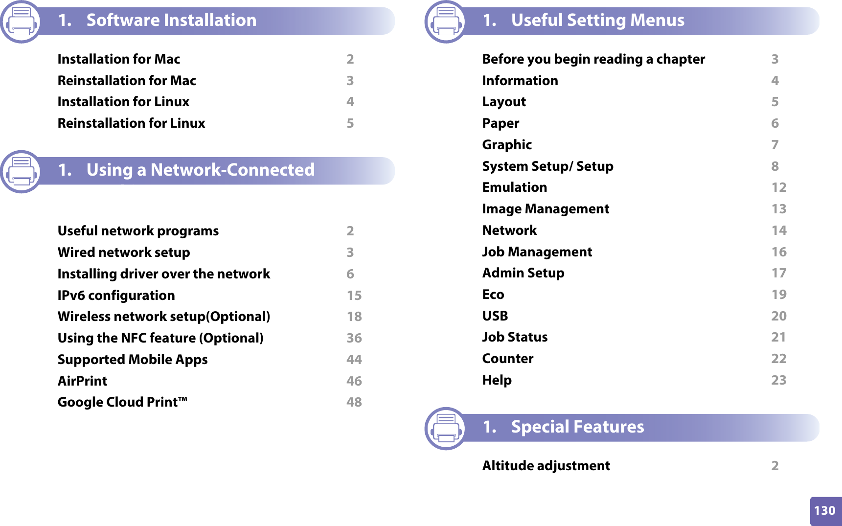 130ADVANCED1. Software InstallationInstallation for Mac  2Reinstallation for Mac  3Installation for Linux  4Reinstallation for Linux  51. Using a Network-Connected MachineUseful network programs  2Wired network setup  3Installing driver over the network  6IPv6 configuration  15Wireless network setup(Optional)  18Using the NFC feature (Optional)  36Supported Mobile Apps  44AirPrint  46Google Cloud Print™  481. Useful Setting MenusBefore you begin reading a chapter  3Information  4Layout  5Paper  6Graphic  7System Setup/ Setup  8Emulation  12Image Management  13Network  14Job Management  16Admin Setup  17Eco  19USB  20Job Status  21Counter  22Help  231. Special FeaturesAltitude adjustment  2