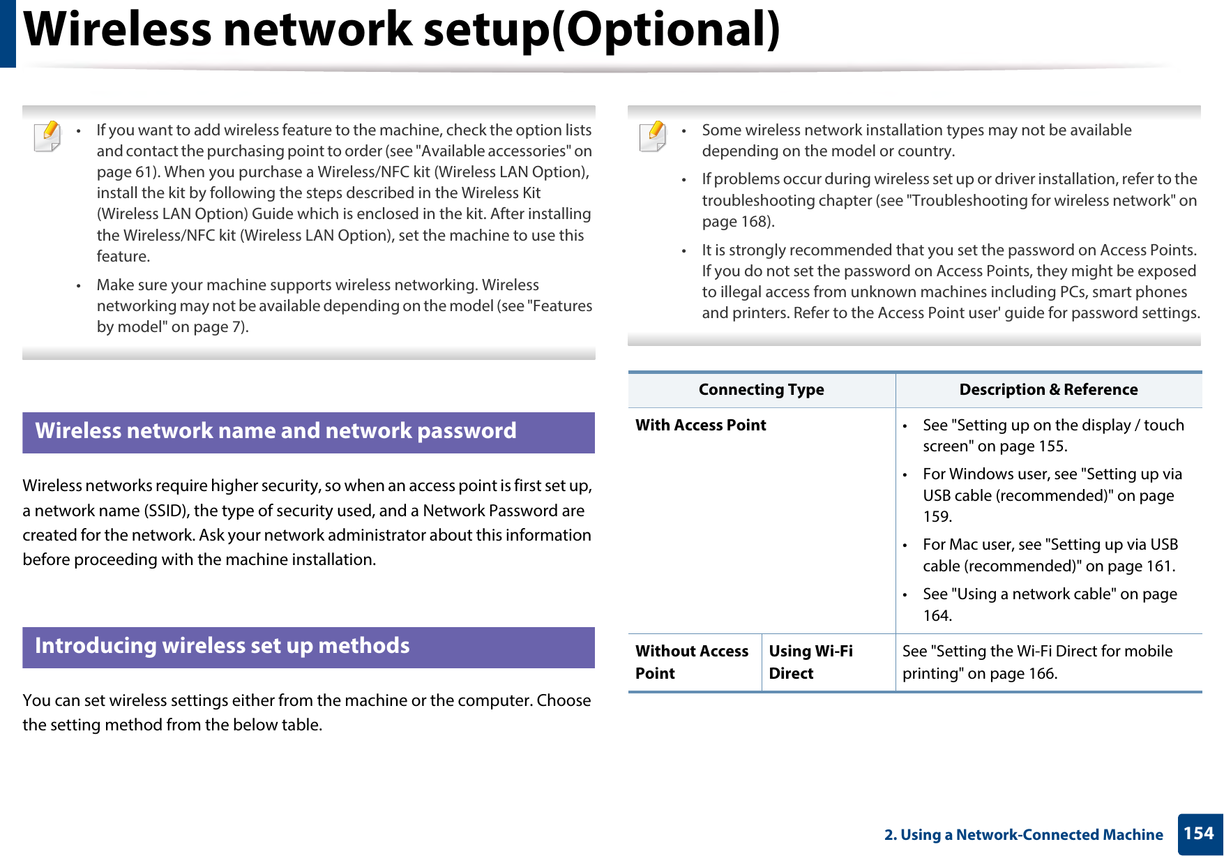 1542. Using a Network-Connected MachineWireless network setup(Optional) • If you want to add wireless feature to the machine, check the option lists and contact the purchasing point to order (see &quot;Available accessories&quot; on page 61). When you purchase a Wireless/NFC kit (Wireless LAN Option), install the kit by following the steps described in the Wireless Kit (Wireless LAN Option) Guide which is enclosed in the kit. After installing the Wireless/NFC kit (Wireless LAN Option), set the machine to use this feature.• Make sure your machine supports wireless networking. Wireless networking may not be available depending on the model (see &quot;Features by model&quot; on page 7). 12 Wireless network name and network passwordWireless networks require higher security, so when an access point is first set up, a network name (SSID), the type of security used, and a Network Password are created for the network. Ask your network administrator about this information before proceeding with the machine installation.13 Introducing wireless set up methodsYou can set wireless settings either from the machine or the computer. Choose the setting method from the below table. • Some wireless network installation types may not be available depending on the model or country.• If problems occur during wireless set up or driver installation, refer to the troubleshooting chapter (see &quot;Troubleshooting for wireless network&quot; on page 168).• It is strongly recommended that you set the password on Access Points. If you do not set the password on Access Points, they might be exposed to illegal access from unknown machines including PCs, smart phones and printers. Refer to the Access Point user&apos; guide for password settings. Connecting Type Description &amp; ReferenceWith Access Point • See &quot;Setting up on the display / touch screen&quot; on page 155.• For Windows user, see &quot;Setting up via USB cable (recommended)&quot; on page 159.• For Mac user, see &quot;Setting up via USB cable (recommended)&quot; on page 161.• See &quot;Using a network cable&quot; on page 164.Without Access PointUsing Wi-Fi DirectSee &quot;Setting the Wi-Fi Direct for mobile printing&quot; on page 166.