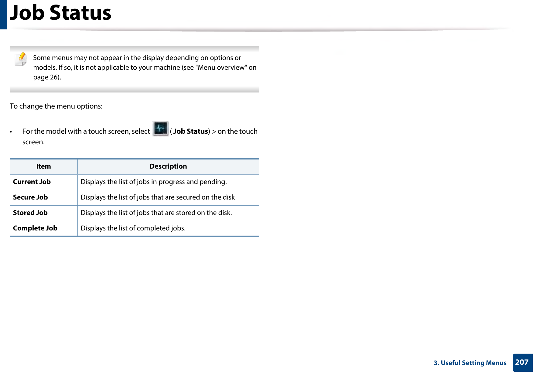 2073. Useful Setting MenusJob Status Some menus may not appear in the display depending on options or models. If so, it is not applicable to your machine (see &quot;Menu overview&quot; on page 26). To change the menu options:• For the model with a touch screen, select  ( Job Status) &gt; on the touch screen.Item DescriptionCurrent Job Displays the list of jobs in progress and pending.Secure Job Displays the list of jobs that are secured on the diskStored Job Displays the list of jobs that are stored on the disk.Complete Job Displays the list of completed jobs.