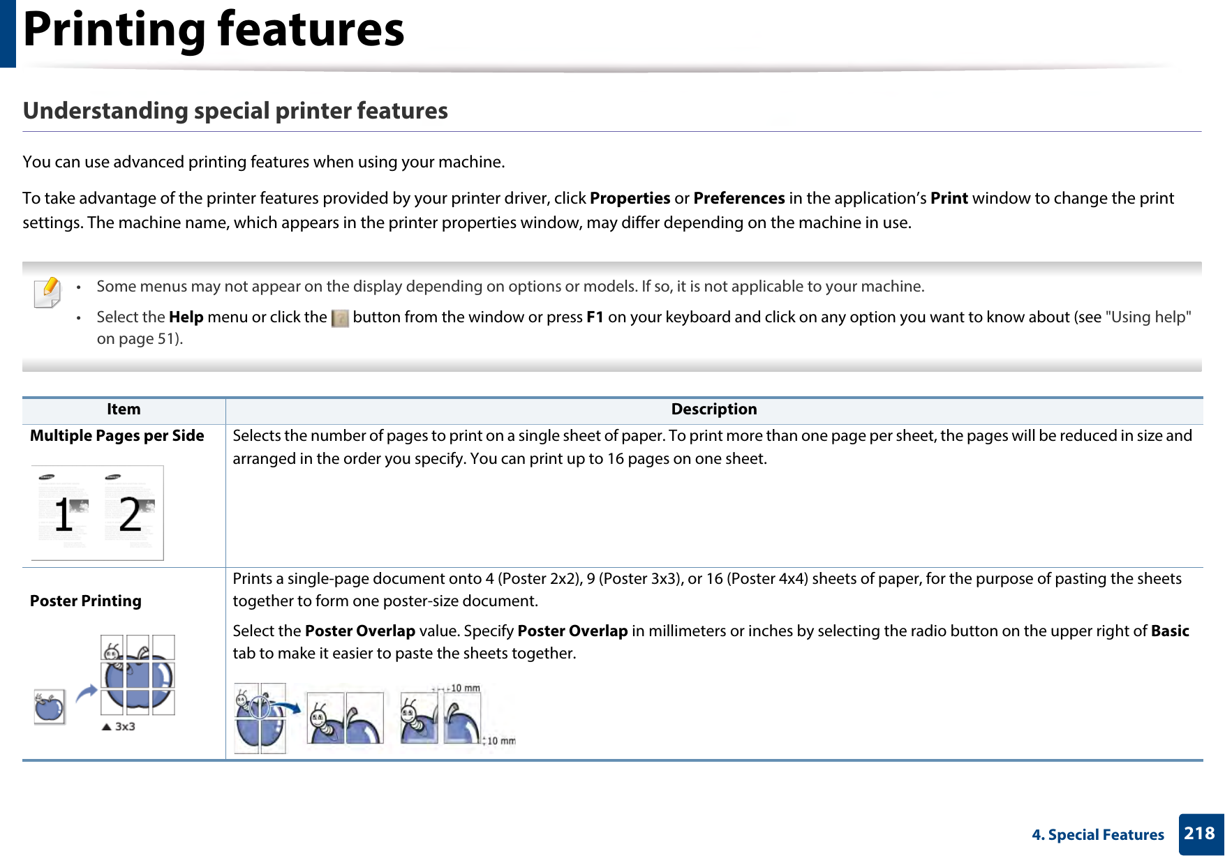 Printing features2184. Special FeaturesUnderstanding special printer featuresYou can use advanced printing features when using your machine.To take advantage of the printer features provided by your printer driver, click Properties or Preferences in the application’s Print window to change the print settings. The machine name, which appears in the printer properties window, may differ depending on the machine in use. • Some menus may not appear on the display depending on options or models. If so, it is not applicable to your machine.• Select the Help menu or click the   button from the window or press F1 on your keyboard and click on any option you want to know about (see &quot;Using help&quot; on page 51).  Item DescriptionMultiple Pages per Side Selects the number of pages to print on a single sheet of paper. To print more than one page per sheet, the pages will be reduced in size and arranged in the order you specify. You can print up to 16 pages on one sheet. Poster PrintingPrints a single-page document onto 4 (Poster 2x2), 9 (Poster 3x3), or 16 (Poster 4x4) sheets of paper, for the purpose of pasting the sheets together to form one poster-size document.Select the Poster Overlap value. Specify Poster Overlap in millimeters or inches by selecting the radio button on the upper right of Basic tab to make it easier to paste the sheets together.