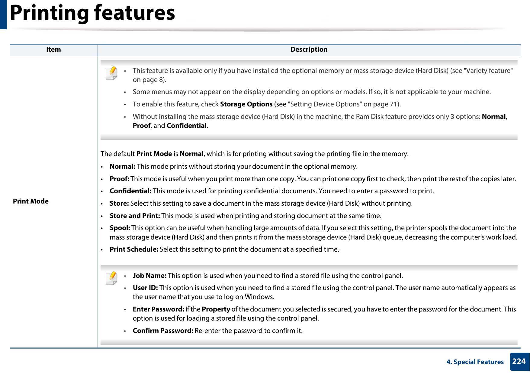 Printing features2244. Special FeaturesPrint Mode • This feature is available only if you have installed the optional memory or mass storage device (Hard Disk) (see &quot;Variety feature&quot; on page 8).• Some menus may not appear on the display depending on options or models. If so, it is not applicable to your machine.• To enable this feature, check Storage Options (see &quot;Setting Device Options&quot; on page 71).• Without installing the mass storage device (Hard Disk) in the machine, the Ram Disk feature provides only 3 options: Normal, Proof, and Confidential. The default Print Mode is Normal, which is for printing without saving the printing file in the memory. •Normal: This mode prints without storing your document in the optional memory. •Proof: This mode is useful when you print more than one copy. You can print one copy first to check, then print the rest of the copies later. •Confidential: This mode is used for printing confidential documents. You need to enter a password to print. •Store: Select this setting to save a document in the mass storage device (Hard Disk) without printing. •Store and Print: This mode is used when printing and storing document at the same time. •Spool: This option can be useful when handling large amounts of data. If you select this setting, the printer spools the document into the mass storage device (Hard Disk) and then prints it from the mass storage device (Hard Disk) queue, decreasing the computer’s work load.•Print Schedule: Select this setting to print the document at a specified time. •Job Name: This option is used when you need to find a stored file using the control panel.•User ID: This option is used when you need to find a stored file using the control panel. The user name automatically appears as the user name that you use to log on Windows.•Enter Password: If the Property of the document you selected is secured, you have to enter the password for the document. This option is used for loading a stored file using the control panel. •Confirm Password: Re-enter the password to confirm it. Item Description