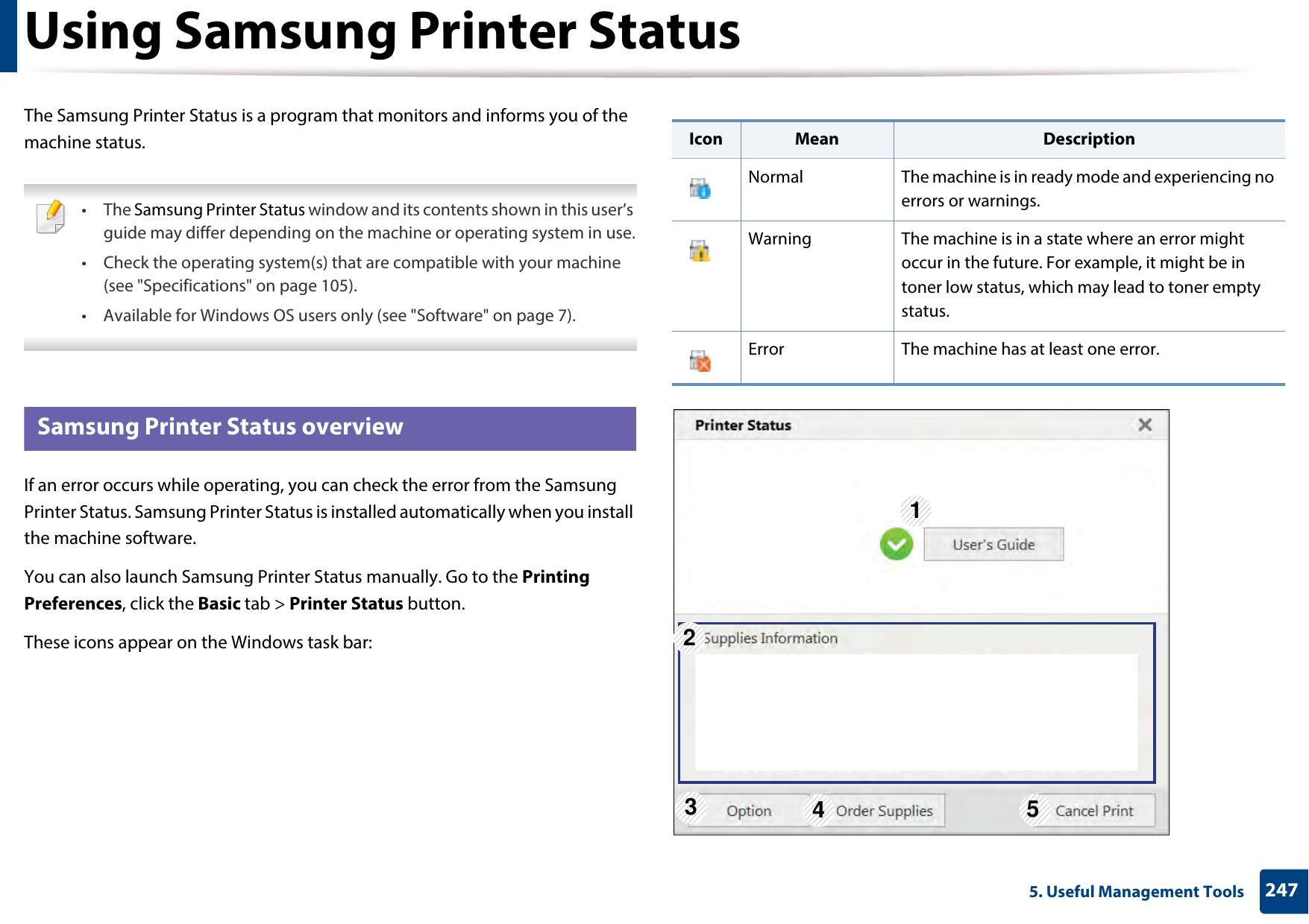 2475. Useful Management ToolsUsing Samsung Printer Status The Samsung Printer Status is a program that monitors and informs you of the machine status.  • The Samsung Printer Status window and its contents shown in this user’s guide may differ depending on the machine or operating system in use.• Check the operating system(s) that are compatible with your machine (see &quot;Specifications&quot; on page 105).• Available for Windows OS users only (see &quot;Software&quot; on page 7). 7 Samsung Printer Status overviewIf an error occurs while operating, you can check the error from the Samsung Printer Status. Samsung Printer Status is installed automatically when you install the machine software. You can also launch Samsung Printer Status manually. Go to the Printing Preferences, click the Basic tab &gt; Printer Status button.These icons appear on the Windows task bar:Icon Mean DescriptionNormal The machine is in ready mode and experiencing no errors or warnings.Warning The machine is in a state where an error might occur in the future. For example, it might be in toner low status, which may lead to toner empty status.Error The machine has at least one error.12345
