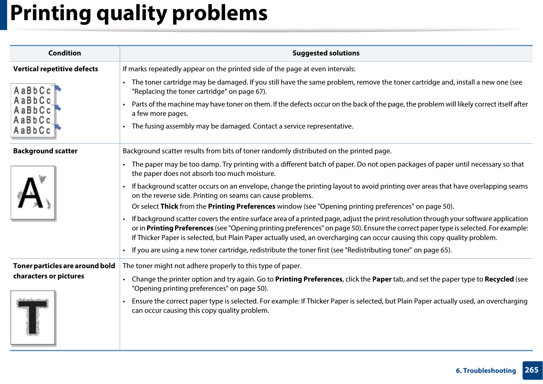Printing quality problems2656. TroubleshootingVertical repetitive defects If marks repeatedly appear on the printed side of the page at even intervals:• The toner cartridge may be damaged. If you still have the same problem, remove the toner cartridge and, install a new one (see &quot;Replacing the toner cartridge&quot; on page 67).• Parts of the machine may have toner on them. If the defects occur on the back of the page, the problem will likely correct itself after a few more pages.• The fusing assembly may be damaged. Contact a service representative.Background scatter Background scatter results from bits of toner randomly distributed on the printed page. • The paper may be too damp. Try printing with a different batch of paper. Do not open packages of paper until necessary so that the paper does not absorb too much moisture.• If background scatter occurs on an envelope, change the printing layout to avoid printing over areas that have overlapping seams on the reverse side. Printing on seams can cause problems.Or select Thick from the Printing Preferences window (see &quot;Opening printing preferences&quot; on page 50).• If background scatter covers the entire surface area of a printed page, adjust the print resolution through your software application or in Printing Preferences (see &quot;Opening printing preferences&quot; on page 50). Ensure the correct paper type is selected. For example: If Thicker Paper is selected, but Plain Paper actually used, an overcharging can occur causing this copy quality problem.• If you are using a new toner cartridge, redistribute the toner first (see &quot;Redistributing toner&quot; on page 65).Toner particles are around bold characters or picturesThe toner might not adhere properly to this type of paper.• Change the printer option and try again. Go to Printing Preferences, click the Paper tab, and set the paper type to Recycled (see &quot;Opening printing preferences&quot; on page 50).• Ensure the correct paper type is selected. For example: If Thicker Paper is selected, but Plain Paper actually used, an overcharging can occur causing this copy quality problem.Condition Suggested solutions