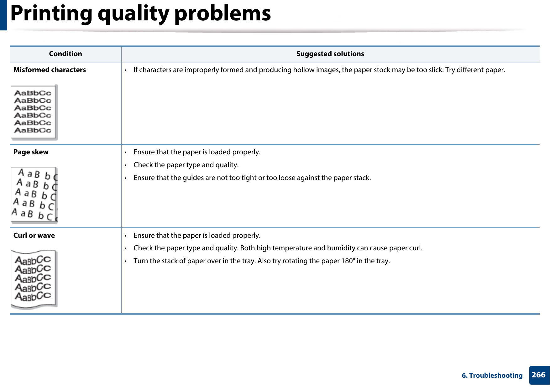 Printing quality problems2666. TroubleshootingMisformed characters • If characters are improperly formed and producing hollow images, the paper stock may be too slick. Try different paper.Page skew • Ensure that the paper is loaded properly.• Check the paper type and quality.• Ensure that the guides are not too tight or too loose against the paper stack.Curl or wave • Ensure that the paper is loaded properly.• Check the paper type and quality. Both high temperature and humidity can cause paper curl.• Turn the stack of paper over in the tray. Also try rotating the paper 180° in the tray.Condition Suggested solutions