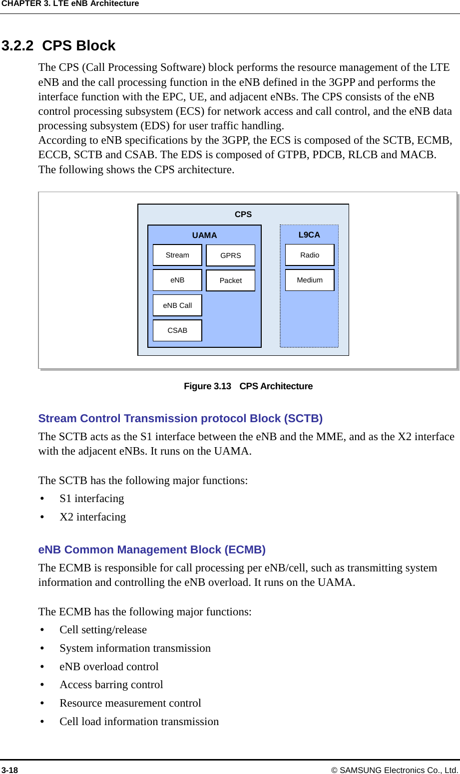 CHAPTER 3. LTE eNB Architecture 3.2.2 CPS Block The CPS (Call Processing Software) block performs the resource management of the LTE eNB and the call processing function in the eNB defined in the 3GPP and performs the interface function with the EPC, UE, and adjacent eNBs. The CPS consists of the eNB control processing subsystem (ECS) for network access and call control, and the eNB data processing subsystem (EDS) for user traffic handling.   According to eNB specifications by the 3GPP, the ECS is composed of the SCTB, ECMB, ECCB, SCTB and CSAB. The EDS is composed of GTPB, PDCB, RLCB and MACB. The following shows the CPS architecture.  UAMA GPRS Packet L9CA Radio Medium CSAB eNB Call eNB Stream CPS Figure 3.13    CPS Architecture  Stream Control Transmission protocol Block (SCTB) The SCTB acts as the S1 interface between the eNB and the MME, and as the X2 interface with the adjacent eNBs. It runs on the UAMA.    The SCTB has the following major functions:  S1 interfacing  X2 interfacing  eNB Common Management Block (ECMB) The ECMB is responsible for call processing per eNB/cell, such as transmitting system information and controlling the eNB overload. It runs on the UAMA.    The ECMB has the following major functions:  Cell setting/release  System information transmission  eNB overload control    Access barring control  Resource measurement control  Cell load information transmission 3-18 © SAMSUNG Electronics Co., Ltd. 