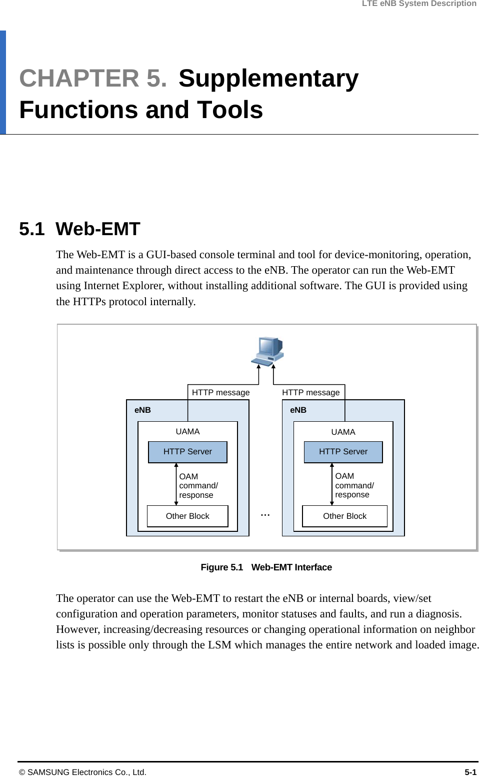 LTE eNB System Description CHAPTER 5.  Supplementary Functions and Tools      5.1 Web-EMT The Web-EMT is a GUI-based console terminal and tool for device-monitoring, operation, and maintenance through direct access to the eNB. The operator can run the Web-EMT using Internet Explorer, without installing additional software. The GUI is provided using the HTTPs protocol internally.  Figure 5.1    Web-EMT Interface  The operator can use the Web-EMT to restart the eNB or internal boards, view/set configuration and operation parameters, monitor statuses and faults, and run a diagnosis.  However, increasing/decreasing resources or changing operational information on neighbor lists is possible only through the LSM which manages the entire network and loaded image.   eNB UAMA HTTP Server Other Block OAM  command/ response eNB HTTP message  HTTP message UAMA HTTP Server OAM  command/ response …Other Block © SAMSUNG Electronics Co., Ltd.  5-1 